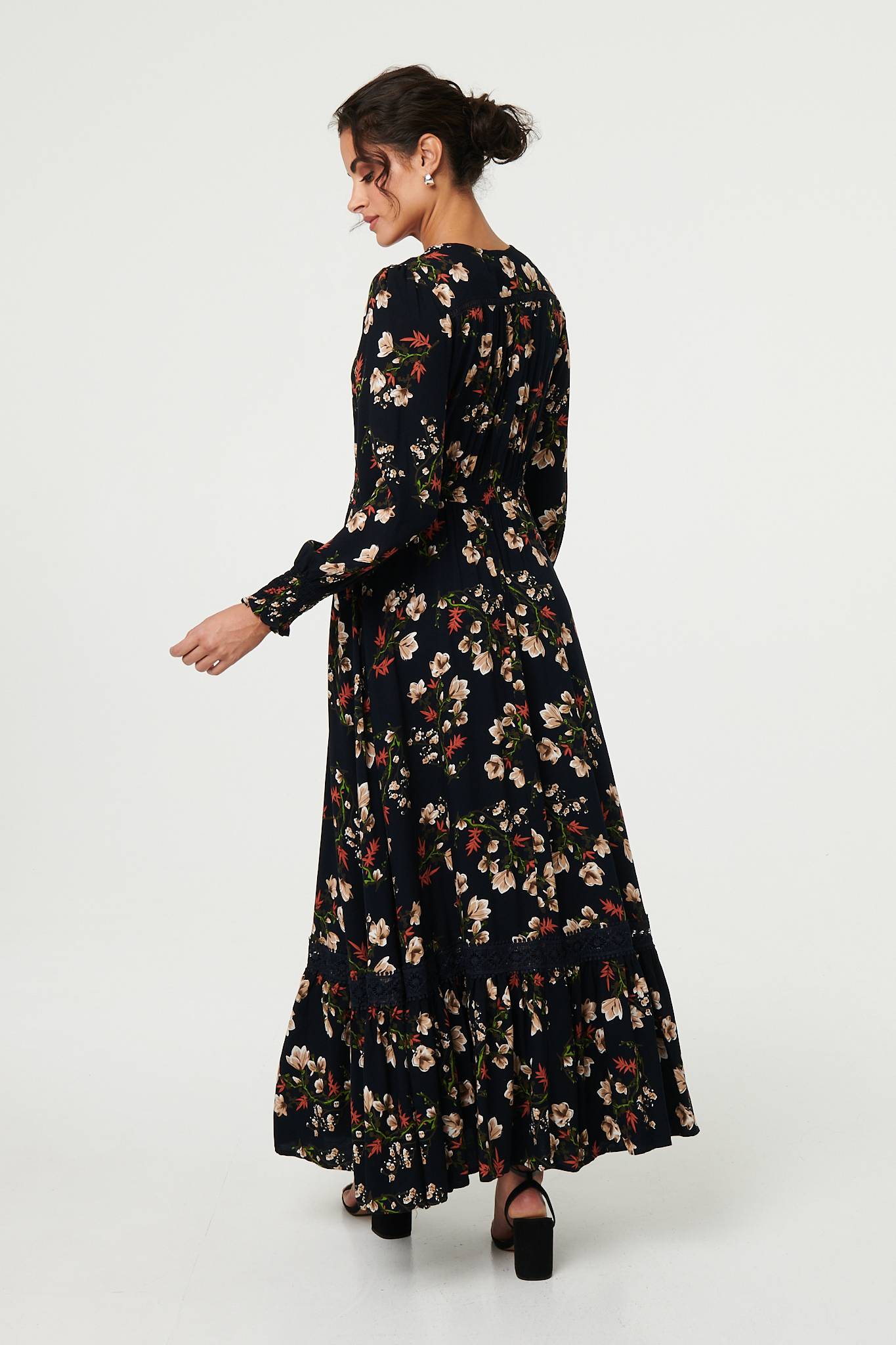 Floral Long Sleeve Lace Trim Maxi Dress Front View 2