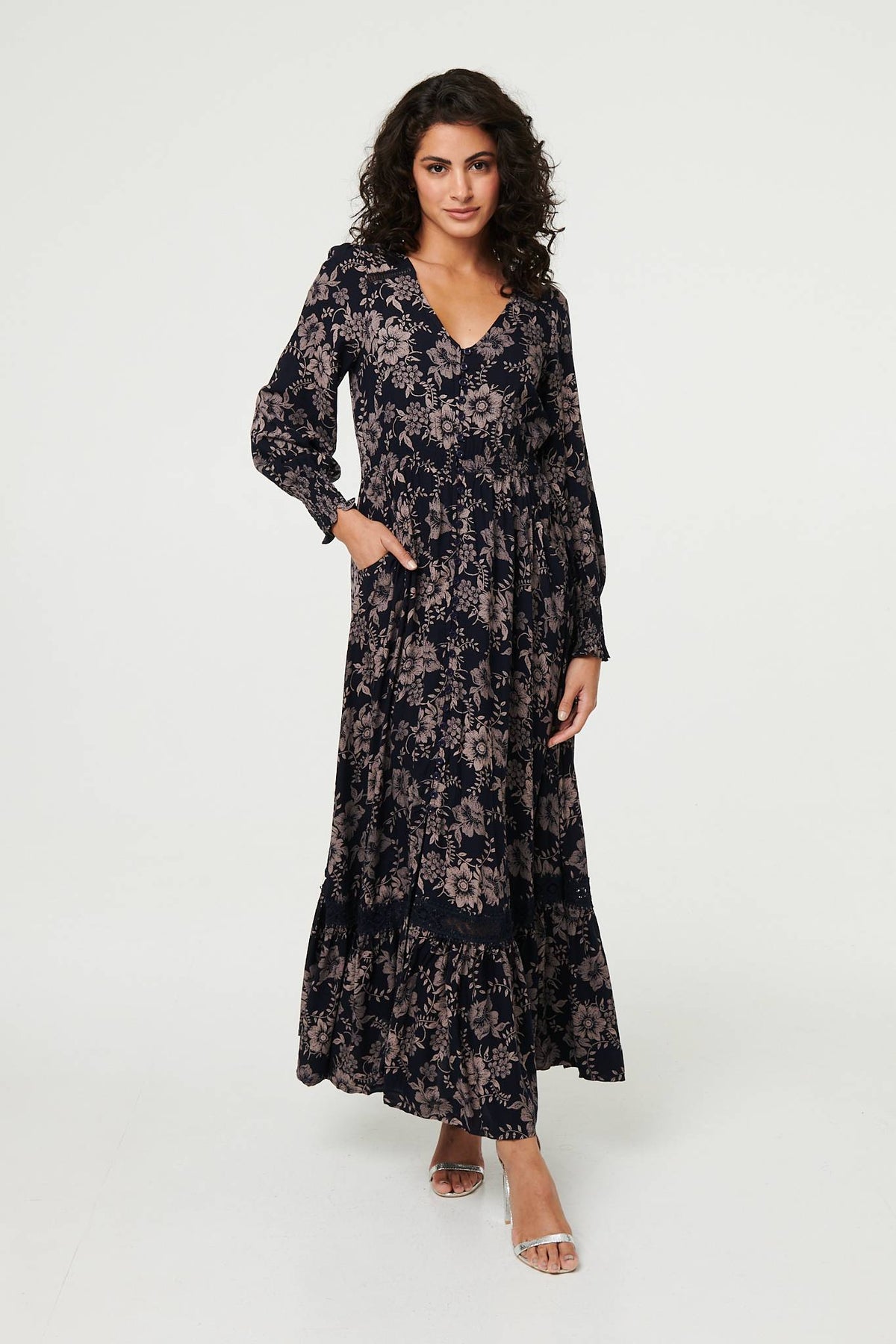 Floral Lace Long Sleeve Maxi Dress Side View 2