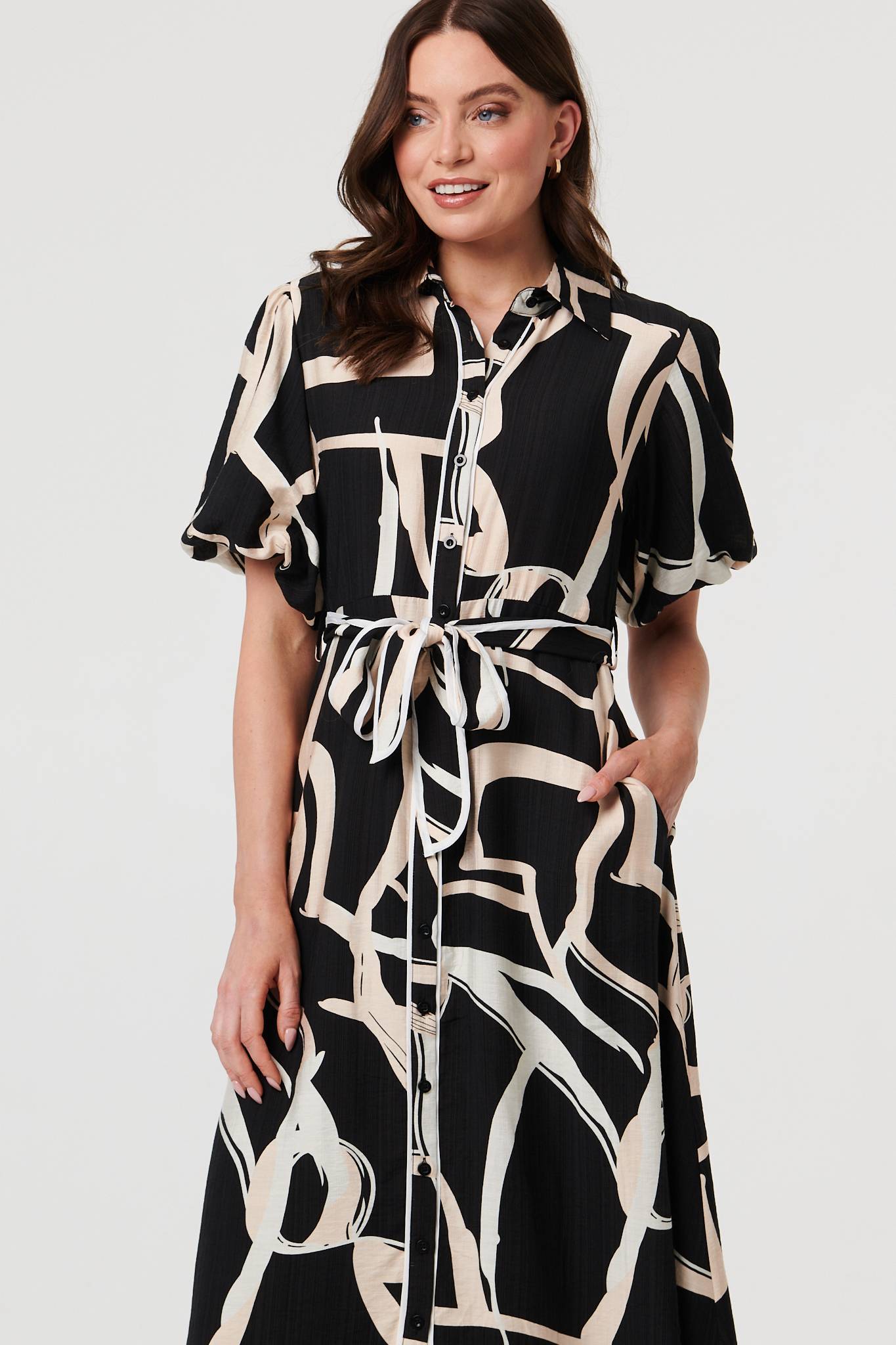 Geo Print Puff Sleeve Tie Midi Dress Full Length View