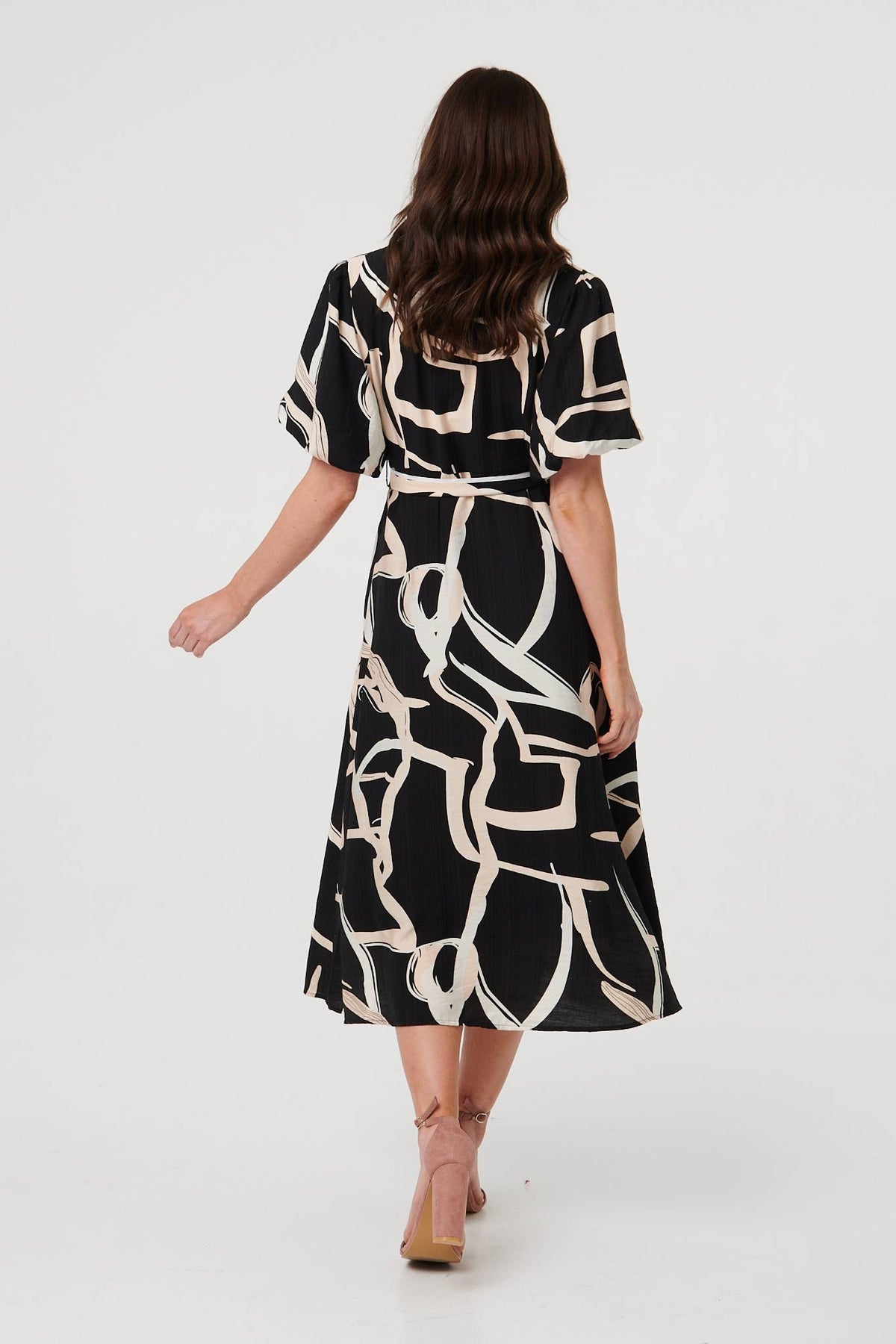 Geo Print Puff Sleeve Tie Midi Dress Detail View