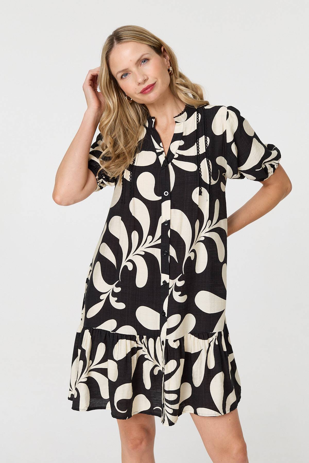 Printed 1/2 Sleeve Tiered Short Dress Front View 2