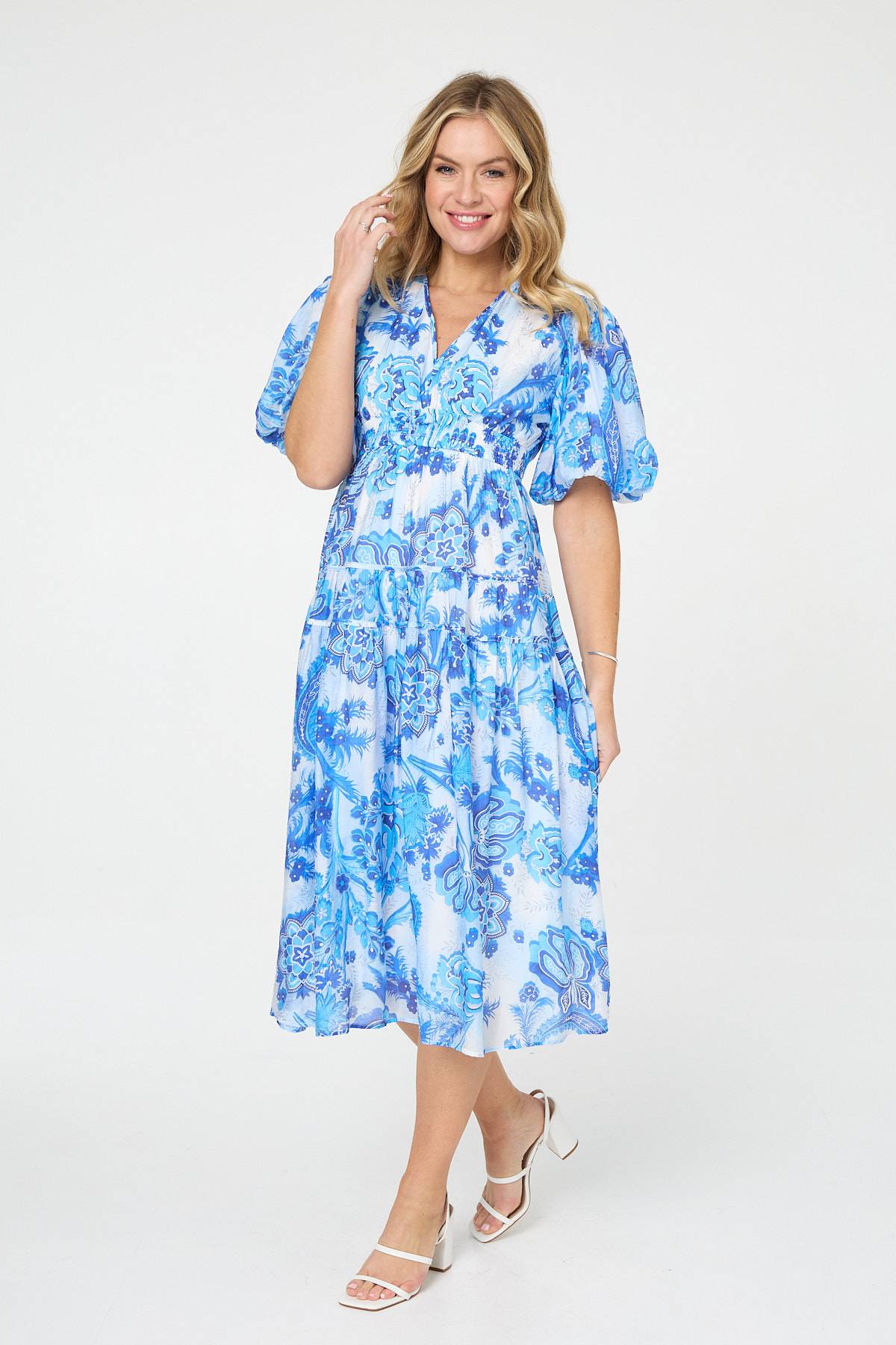 Floral Tiered Puff Sleeve Midi Dress Front View
