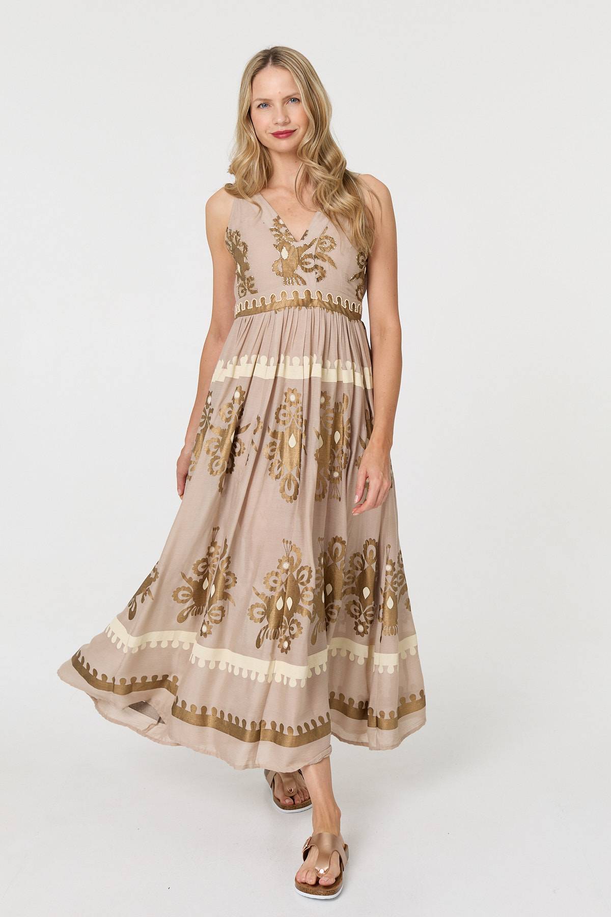 Printed Ruched Sleeveless Maxi Dress Front View