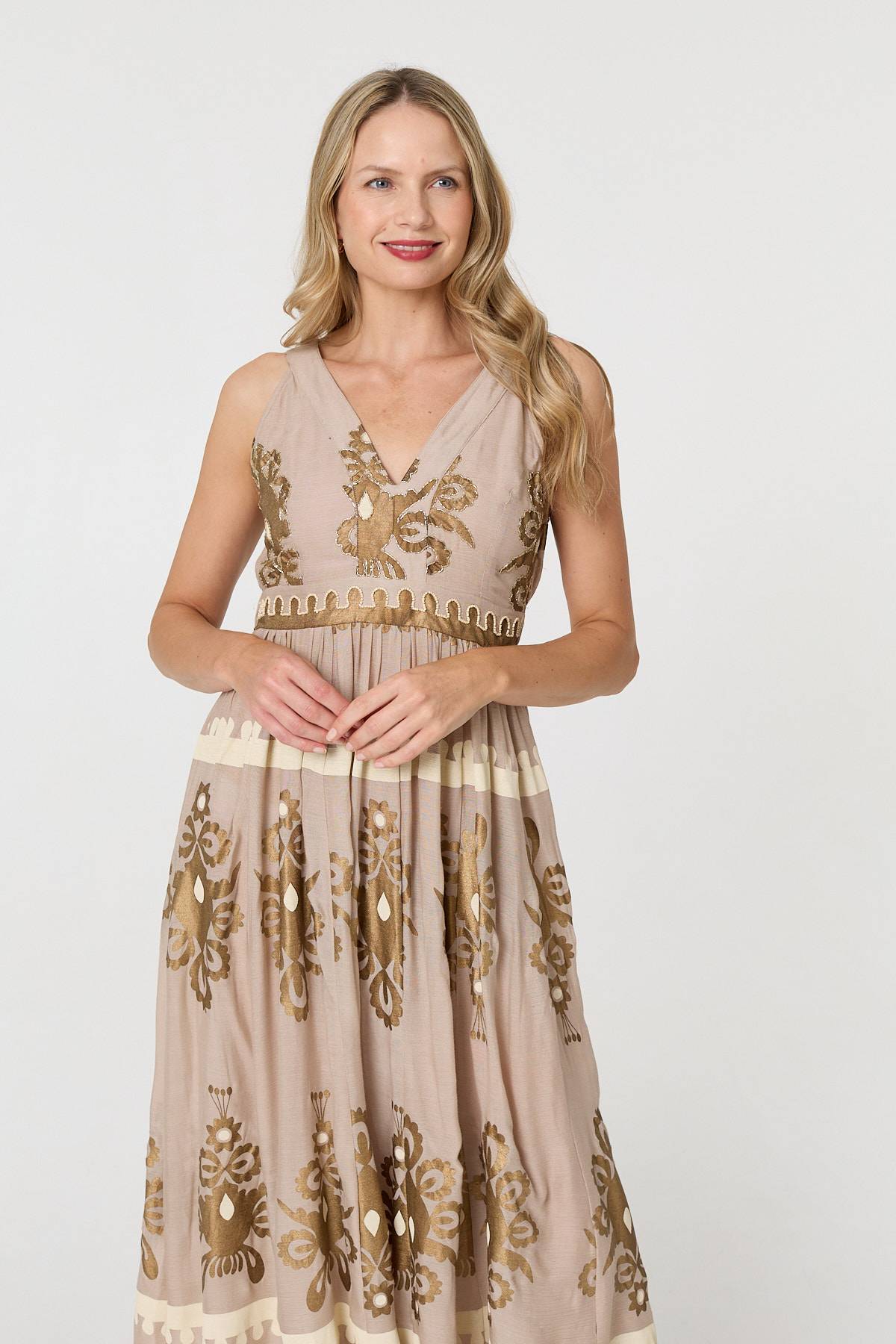 Printed Ruched Sleeveless Maxi Dress Back View