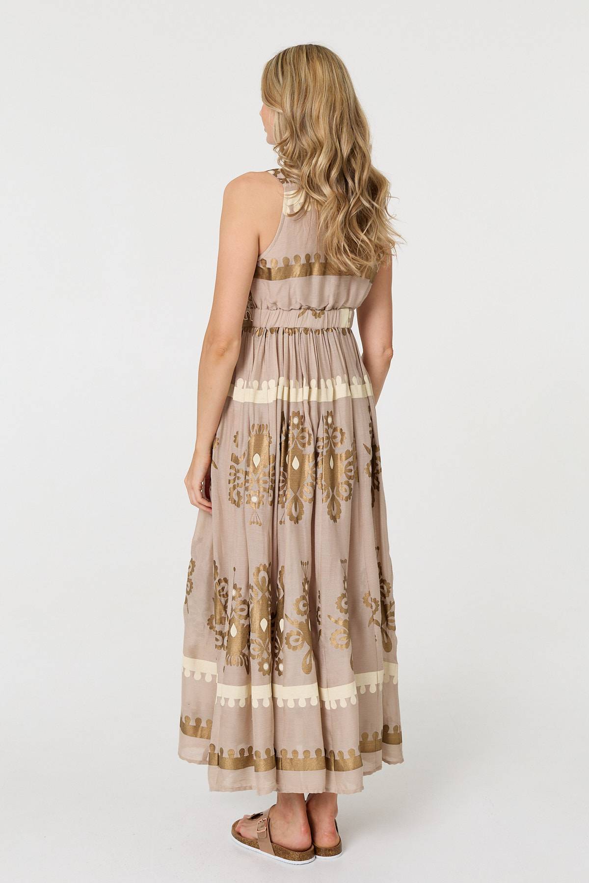 Printed Ruched Sleeveless Maxi Dress Detail View