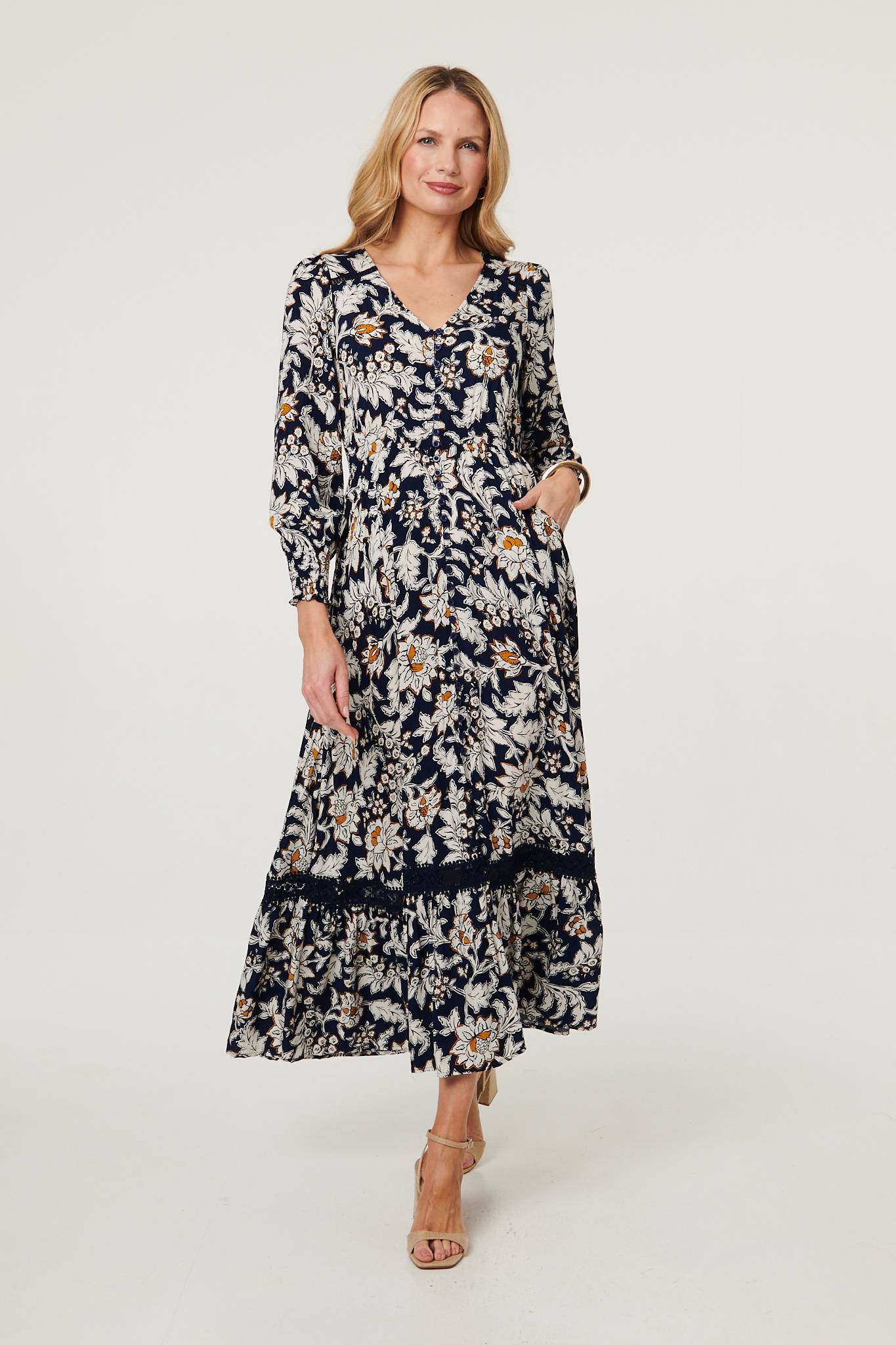 Floral Long Sleeve Trim Maxi Dress Front View