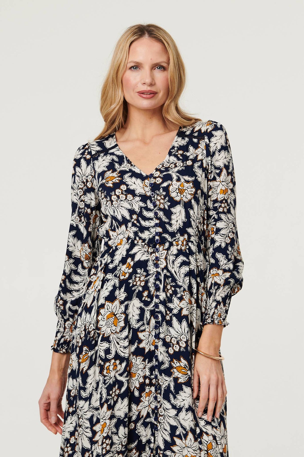 Floral Long Sleeve Trim Maxi Dress Styled View