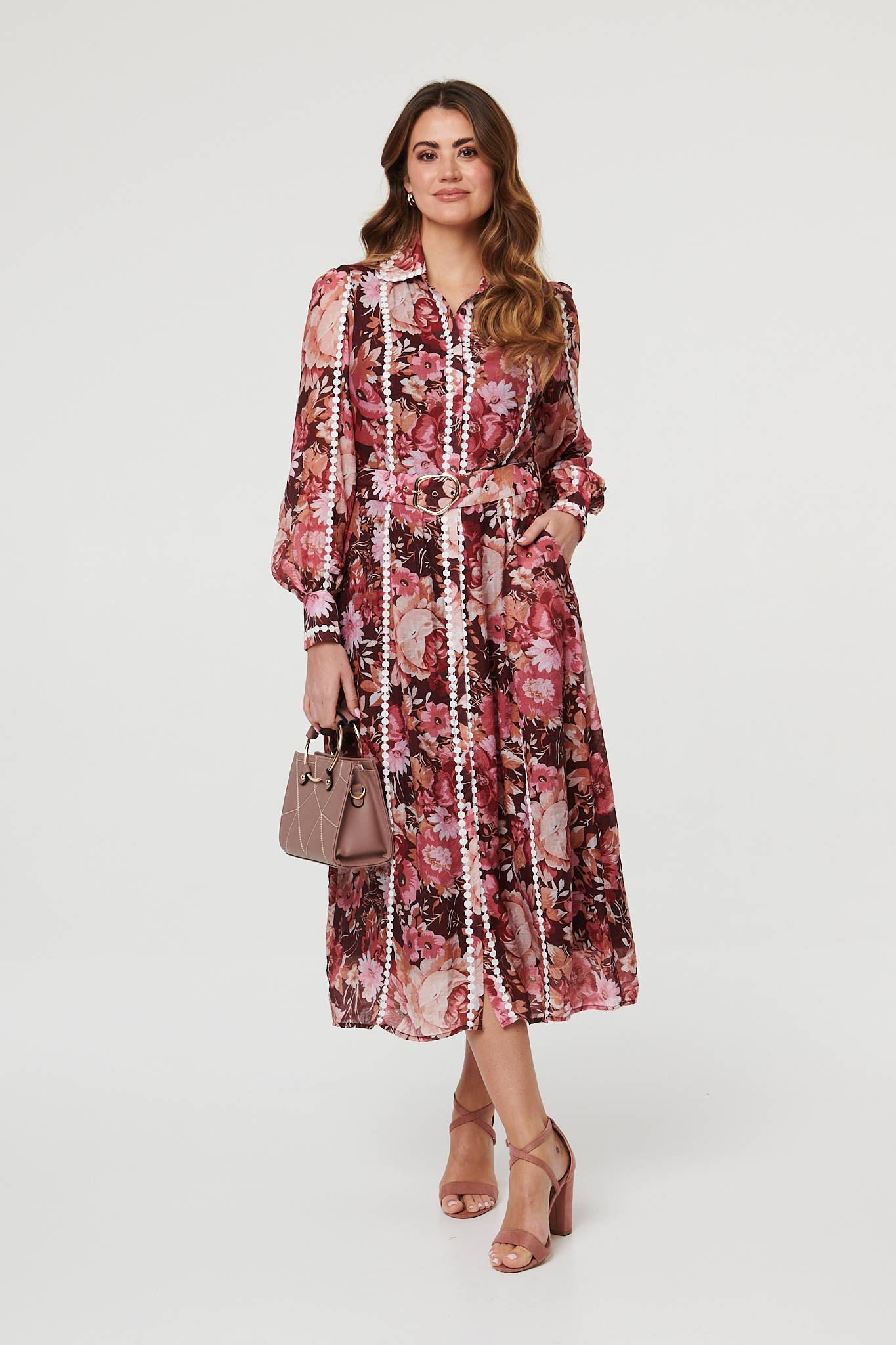Floral Lace Detail Long Sleeve Maxi Dress Front View
