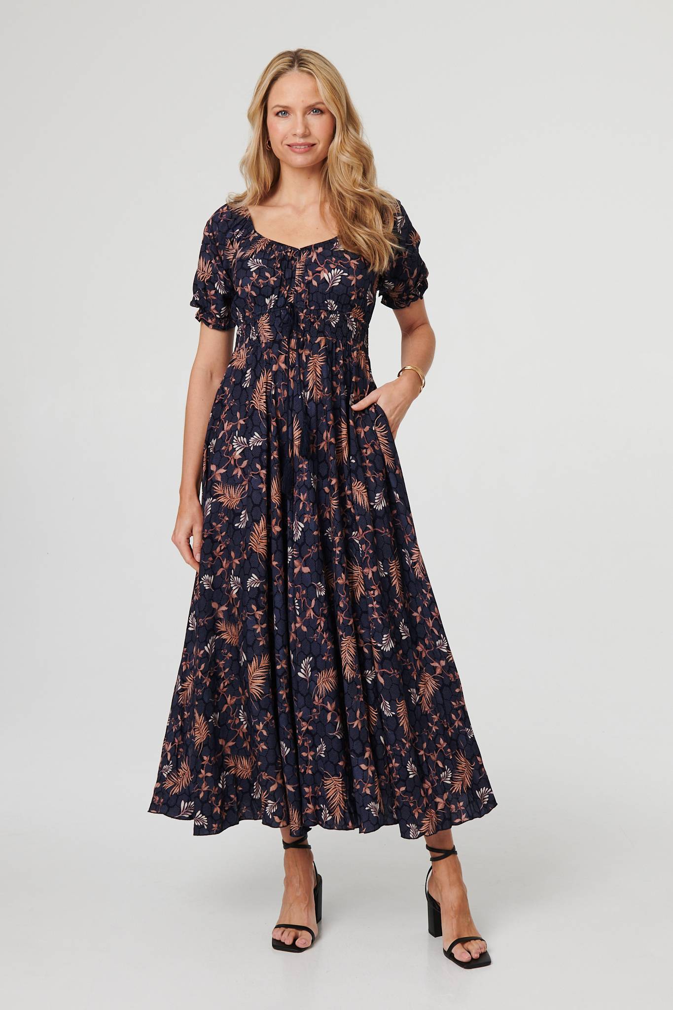 Leaf Print Short Puff Sleeve Maxi Dress Front View