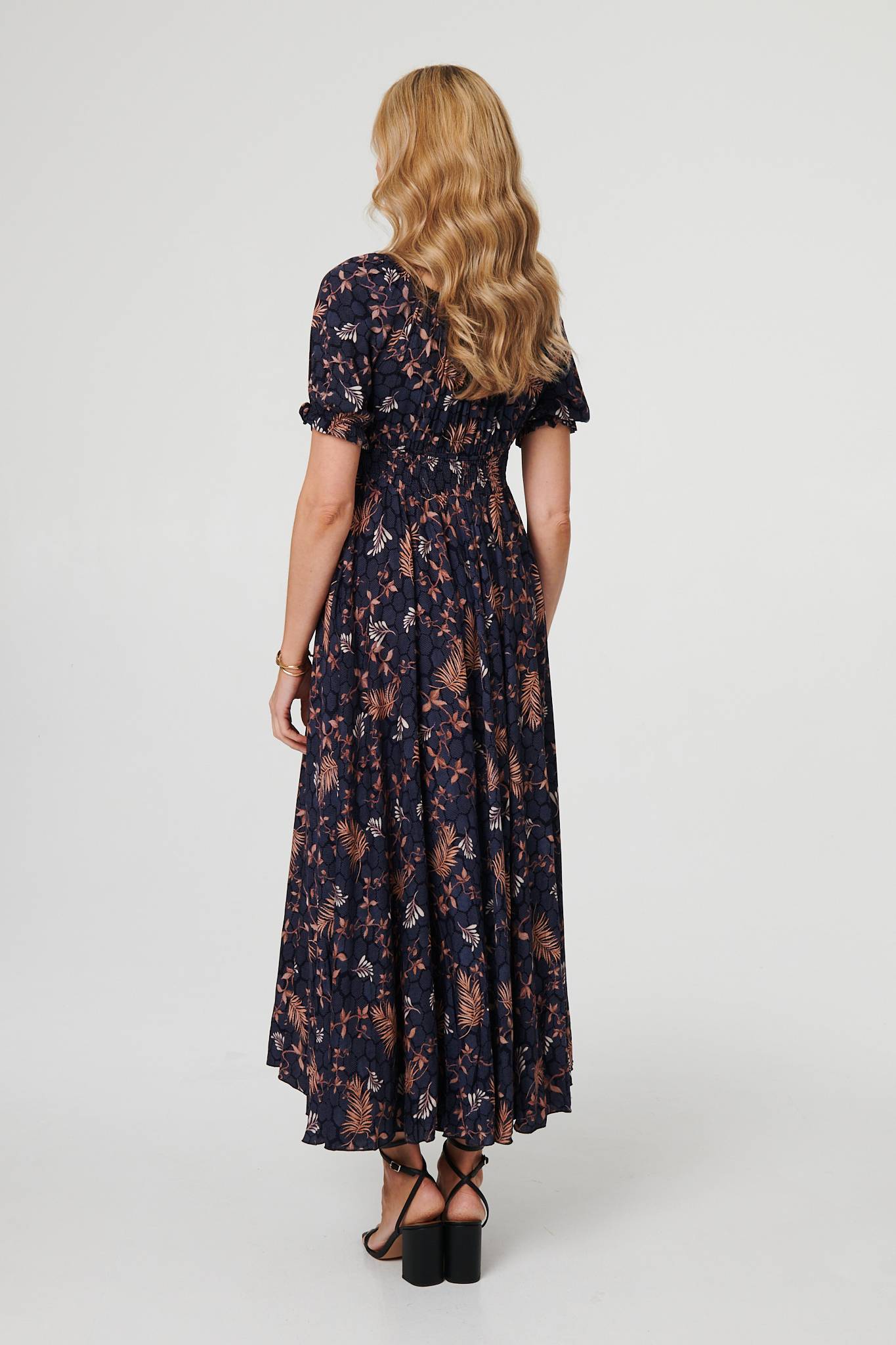 Leaf Print Short Puff Sleeve Maxi Dress Side View