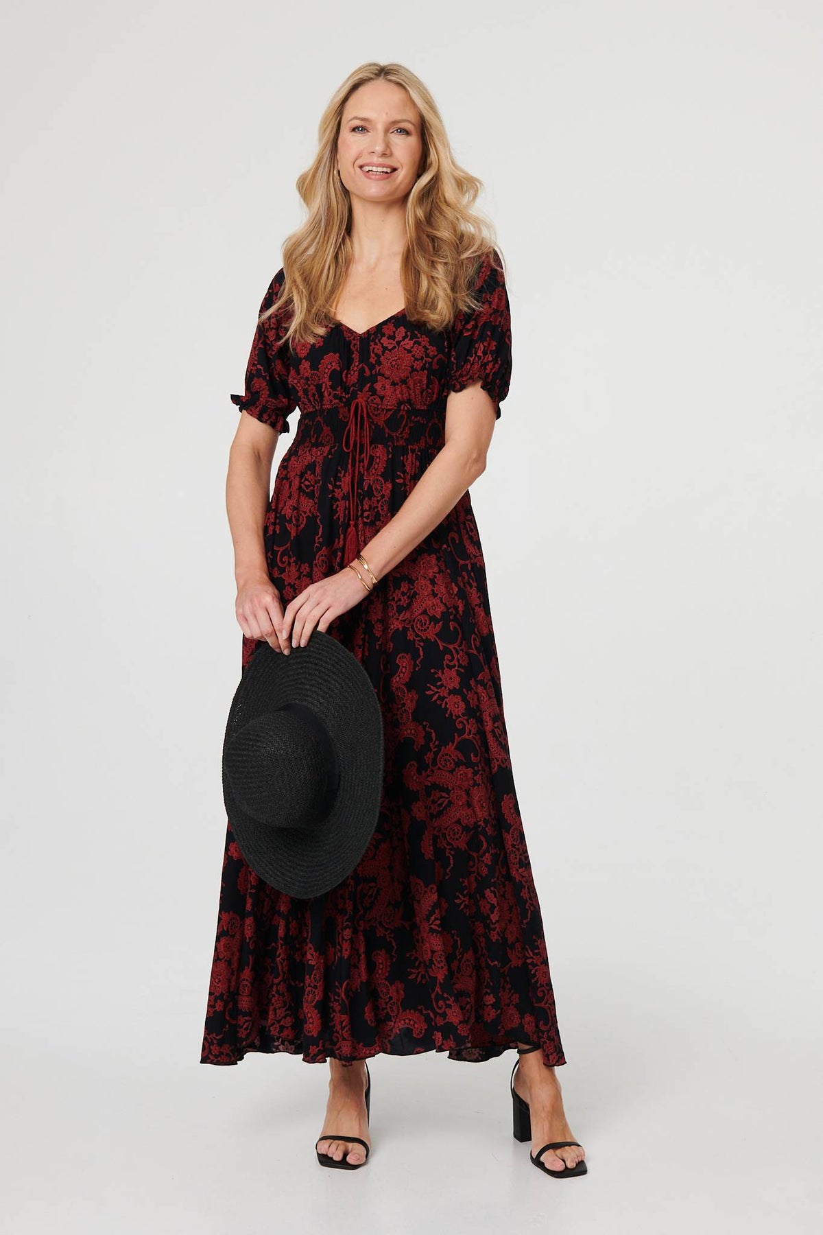 Baroque Print Puff Sleeve Maxi Dress Detail View