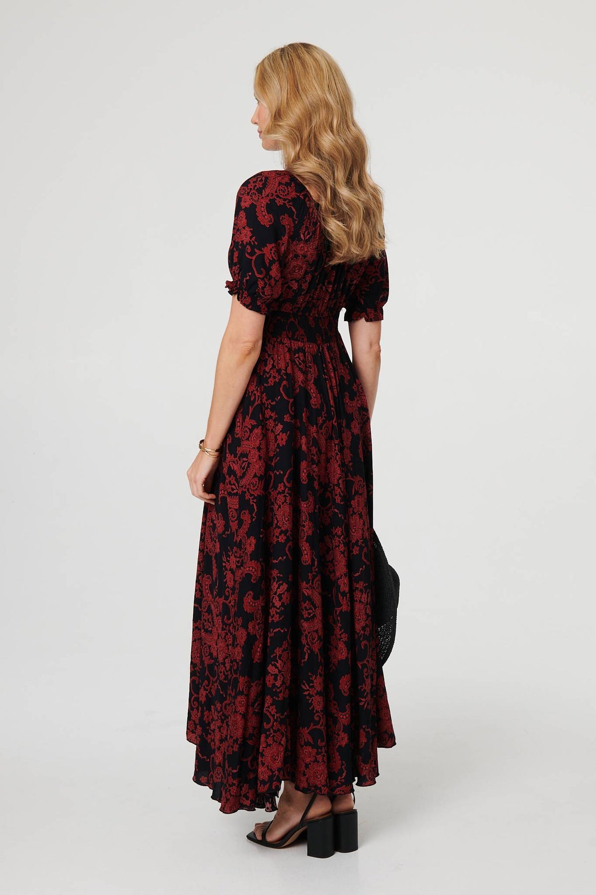 Baroque Print Puff Sleeve Maxi Dress Side View