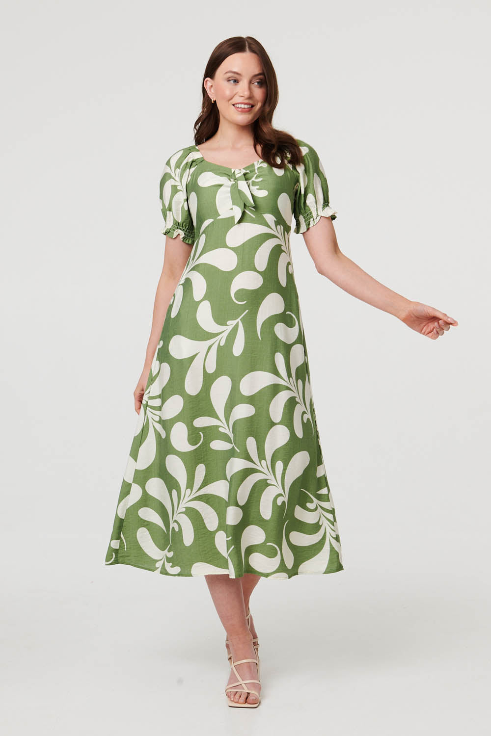 Abstract Puff Sleeve Tie Neck Midi Dress Detail View