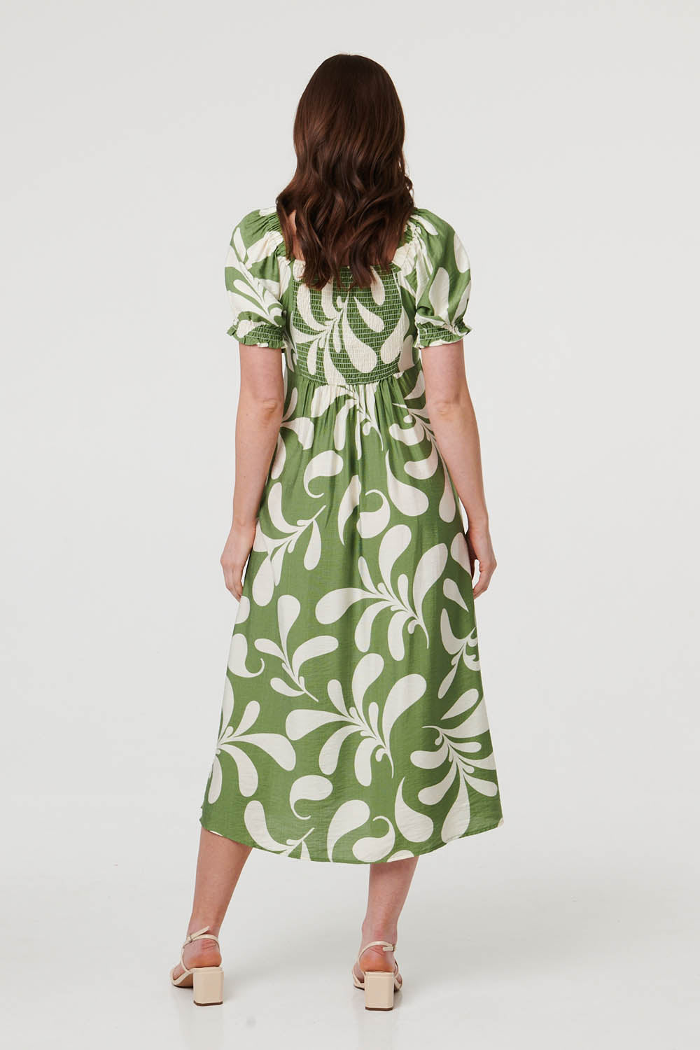 Abstract Puff Sleeve Tie Neck Midi Dress Side View