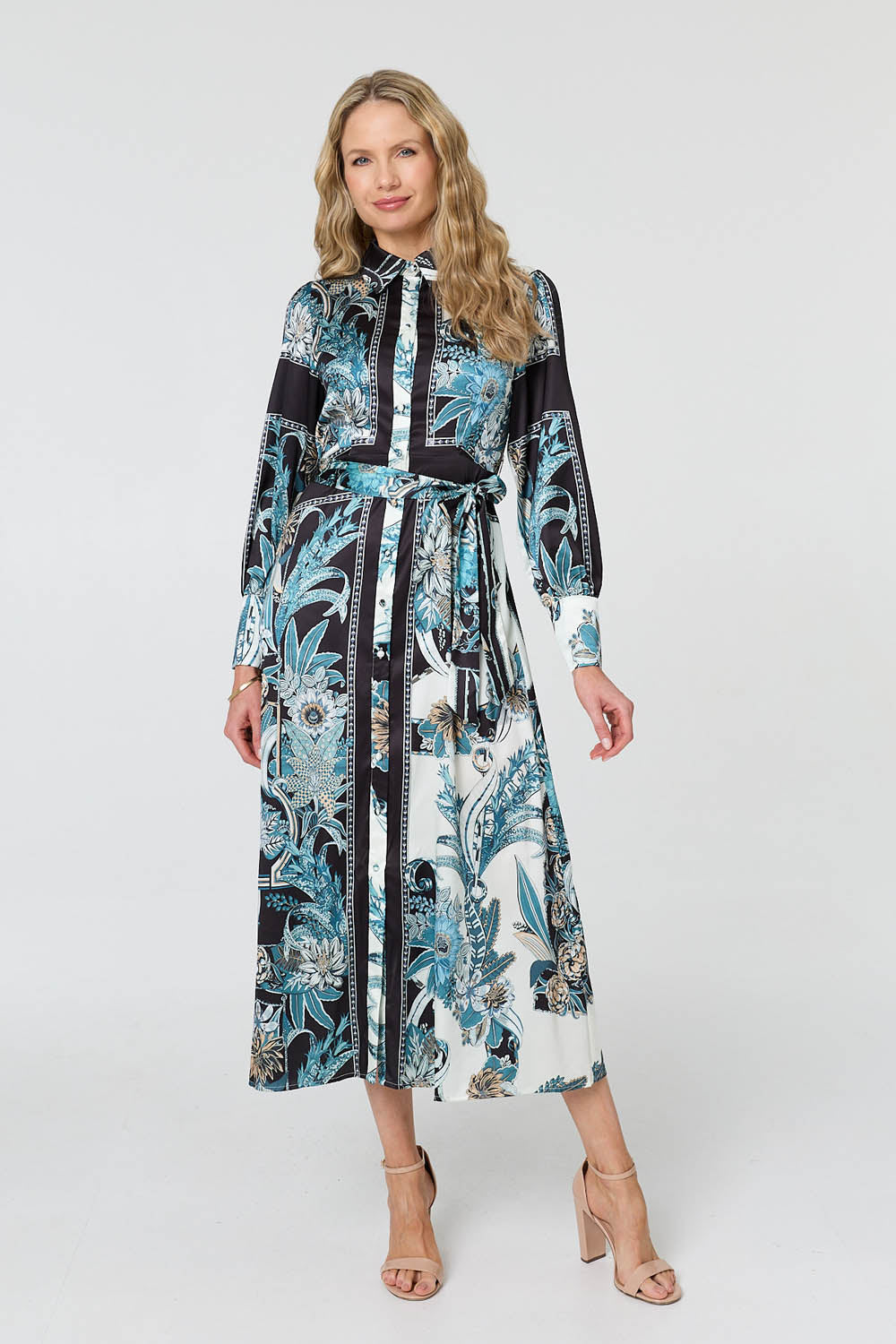 Printed Long Sleeve Tie Shirt Maxi Dress Detail View