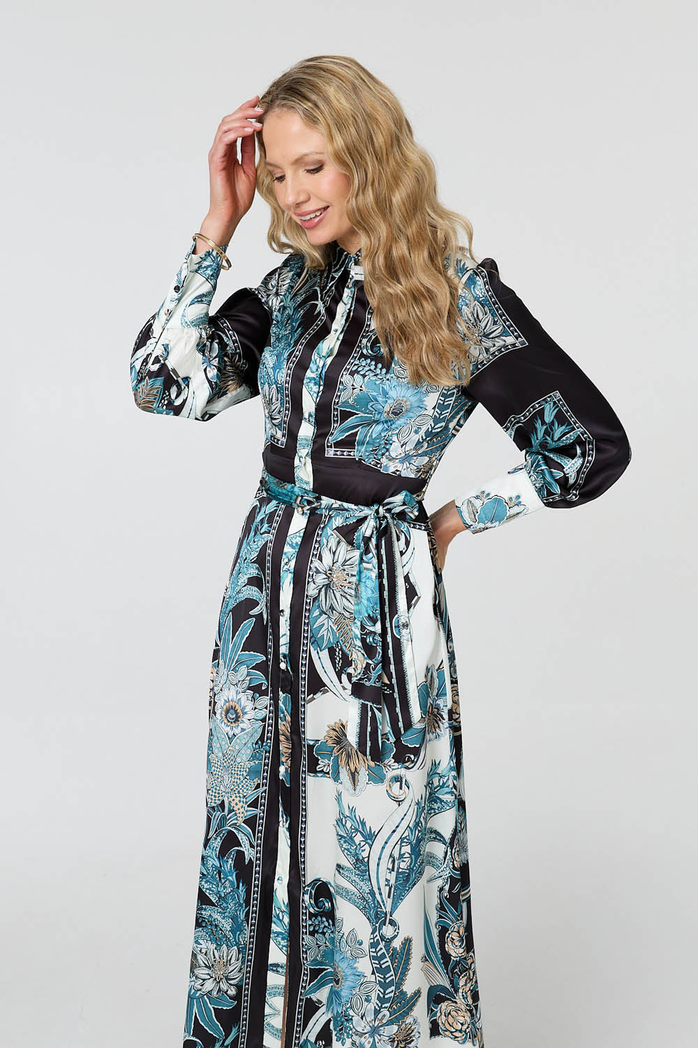 Printed Long Sleeve Tie Shirt Maxi Dress Back View