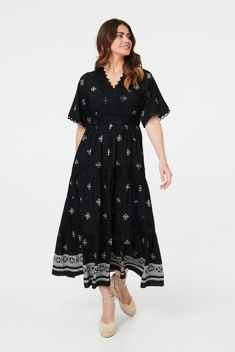 Border Print 1/2 Sleeve Maxi Dress Styled View 2