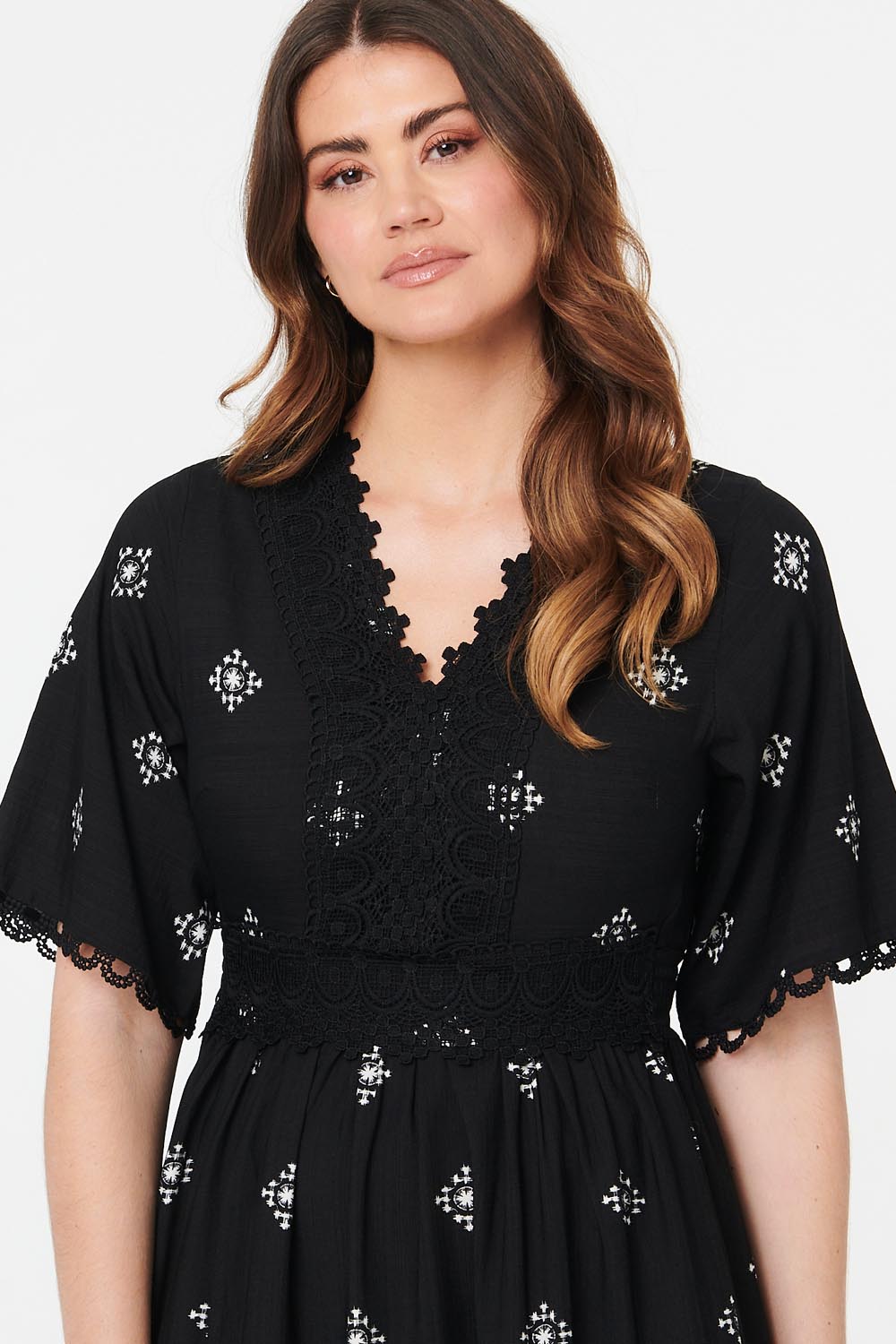 Border Print 1/2 Sleeve Maxi Dress Front View 3