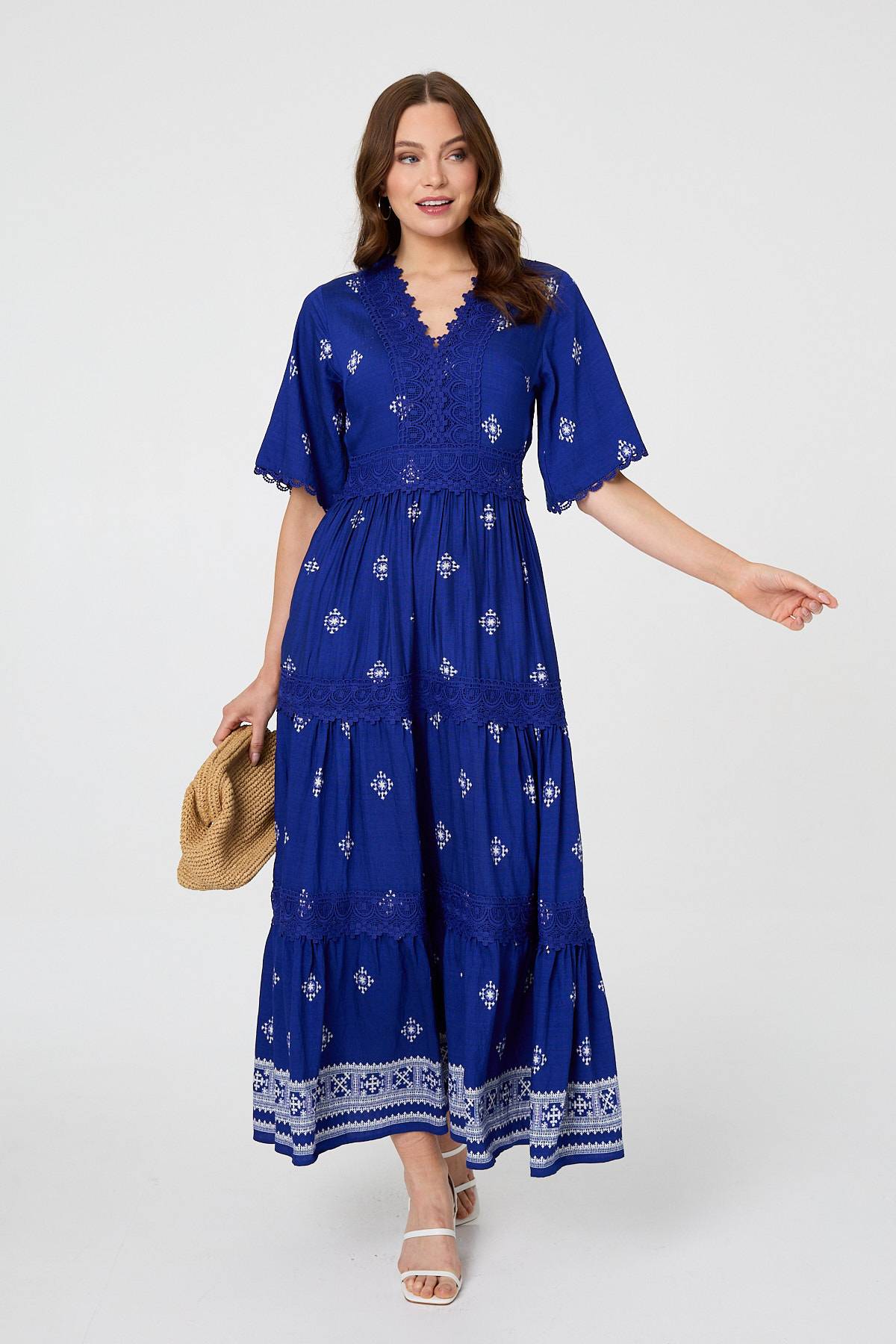 Border Print 1/2 Sleeve Maxi Dress Back View 3