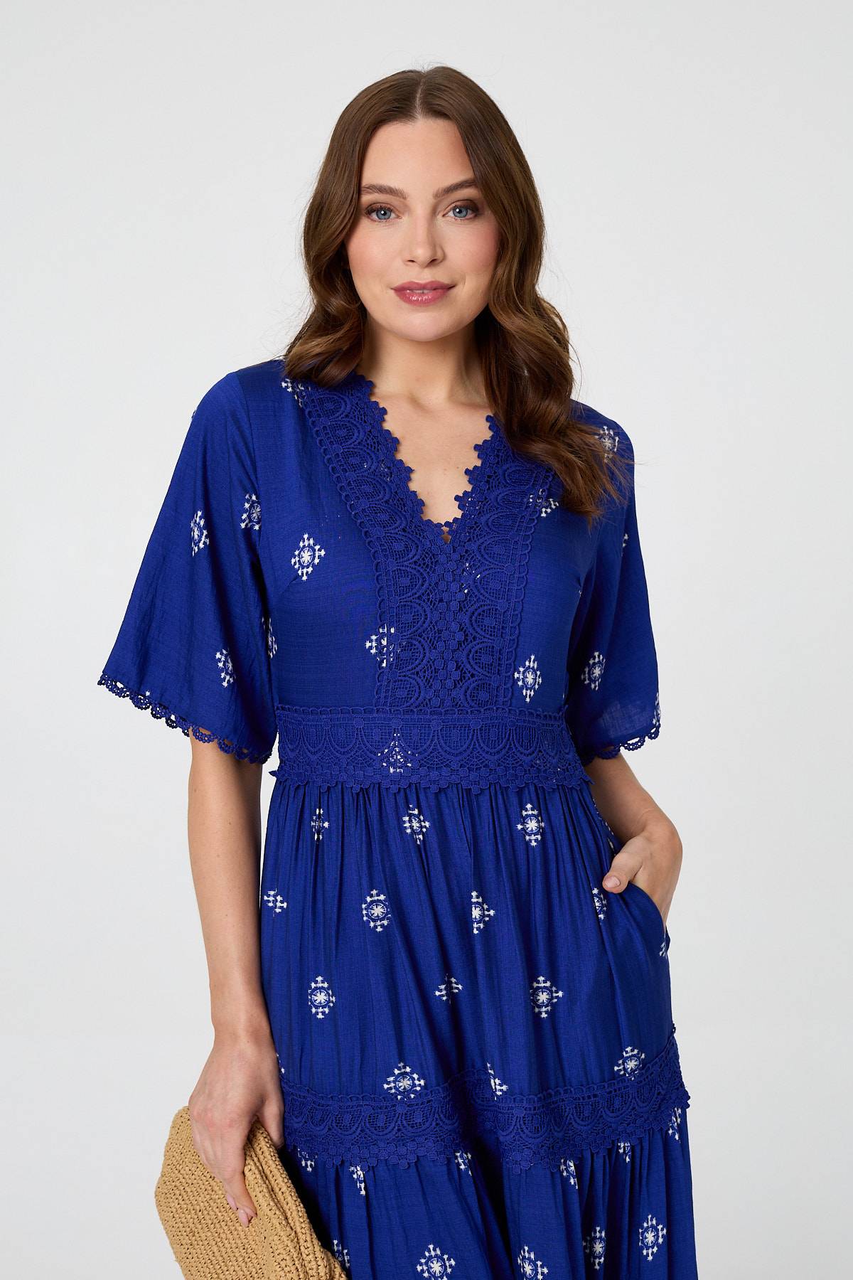 Border Print 1/2 Sleeve Maxi Dress Side View 3