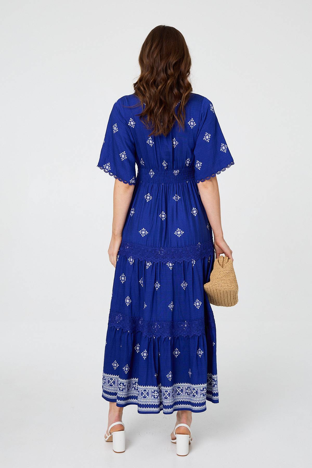 Border Print 1/2 Sleeve Maxi Dress Detail View 3