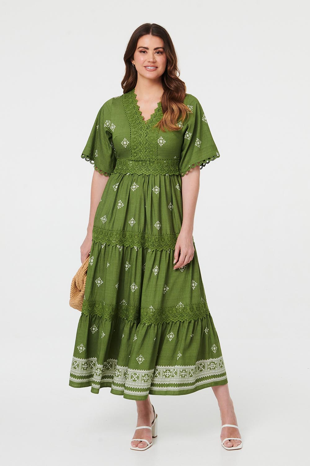 Border Print 1/2 Sleeve Maxi Dress Front View