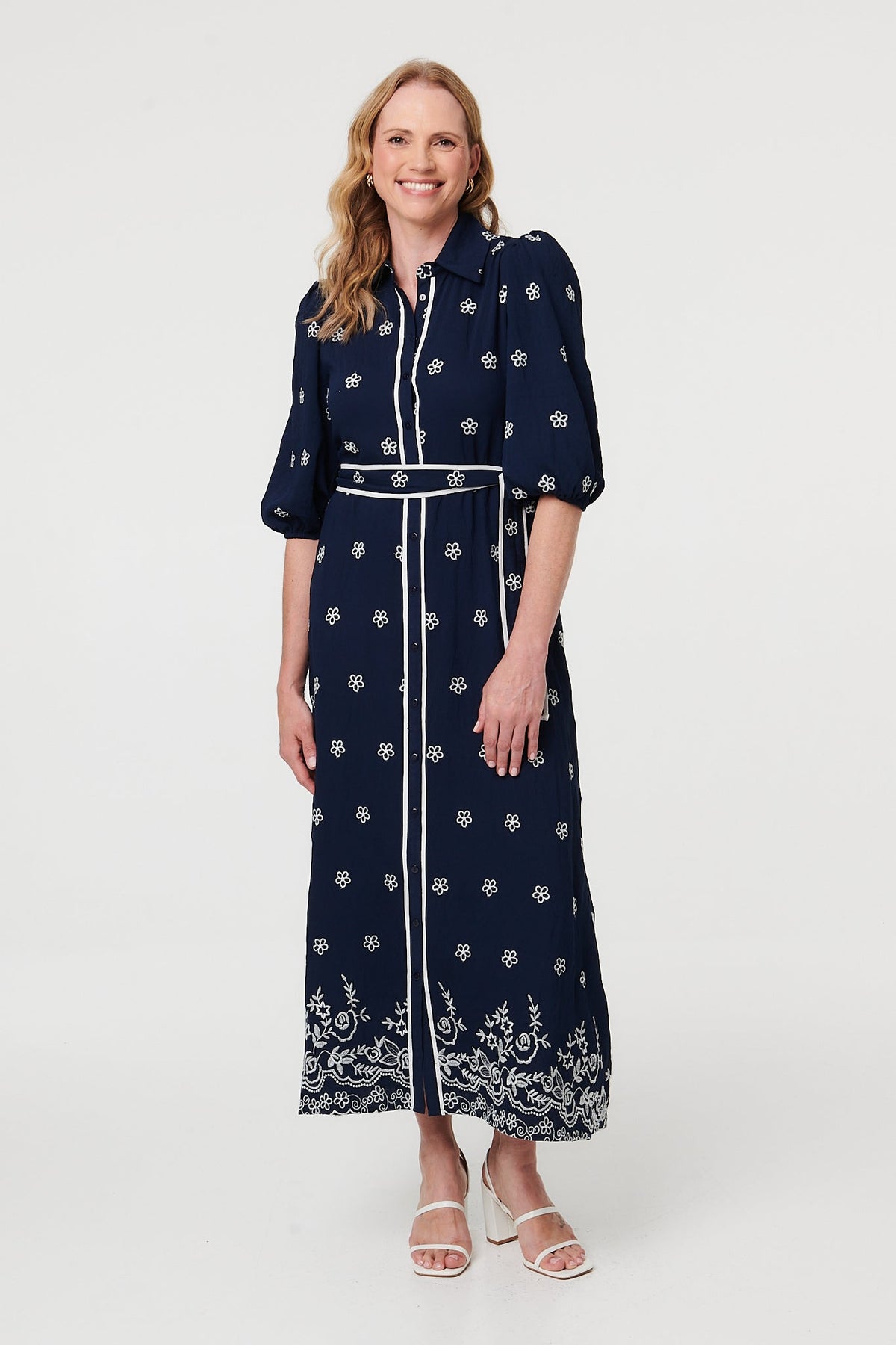 Embroidered Texture Tie Waist Maxi Dress Front View