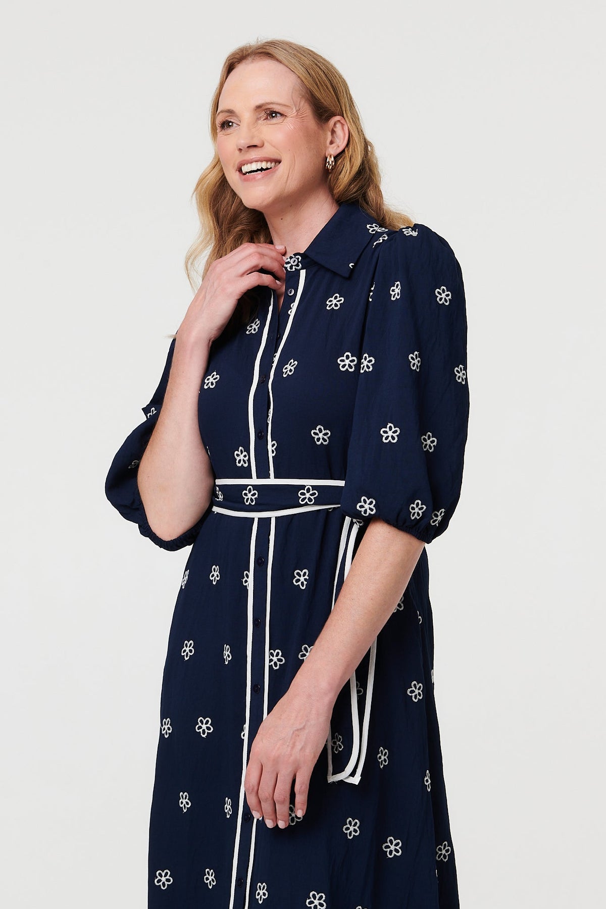 Embroidered Texture Tie Waist Maxi Dress Detail View
