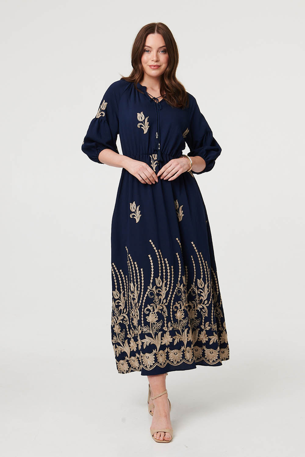 Floral Embroidered 3/4 Sleeve Maxi Dress Front View