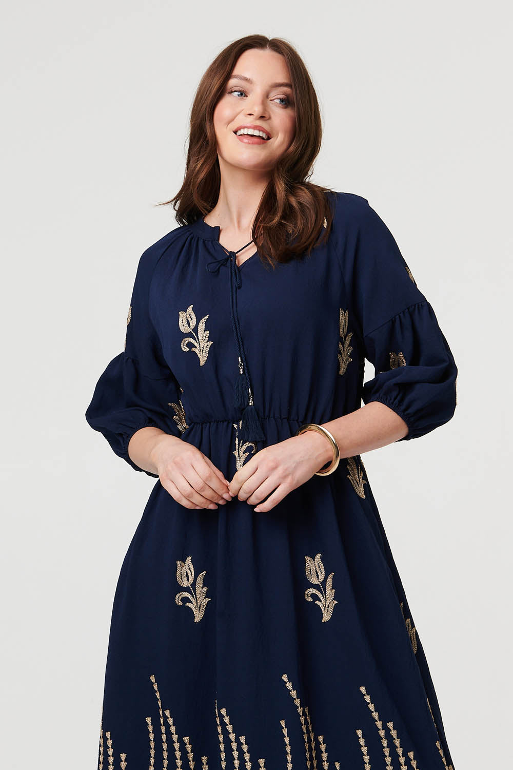 Floral Embroidered 3/4 Sleeve Maxi Dress Back View