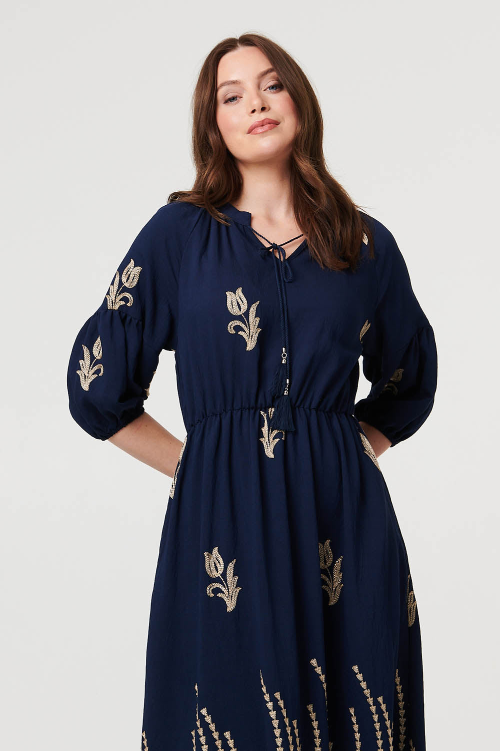 Floral Embroidered 3/4 Sleeve Maxi Dress Styled View