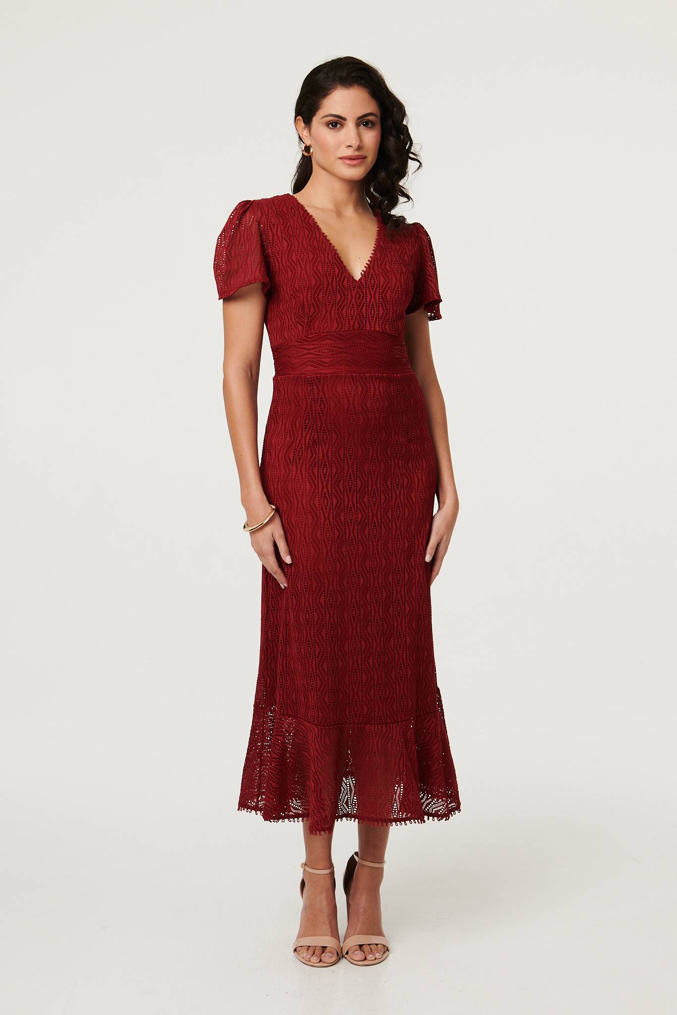 Printed Lace Texture Slim Midi Dress Front View