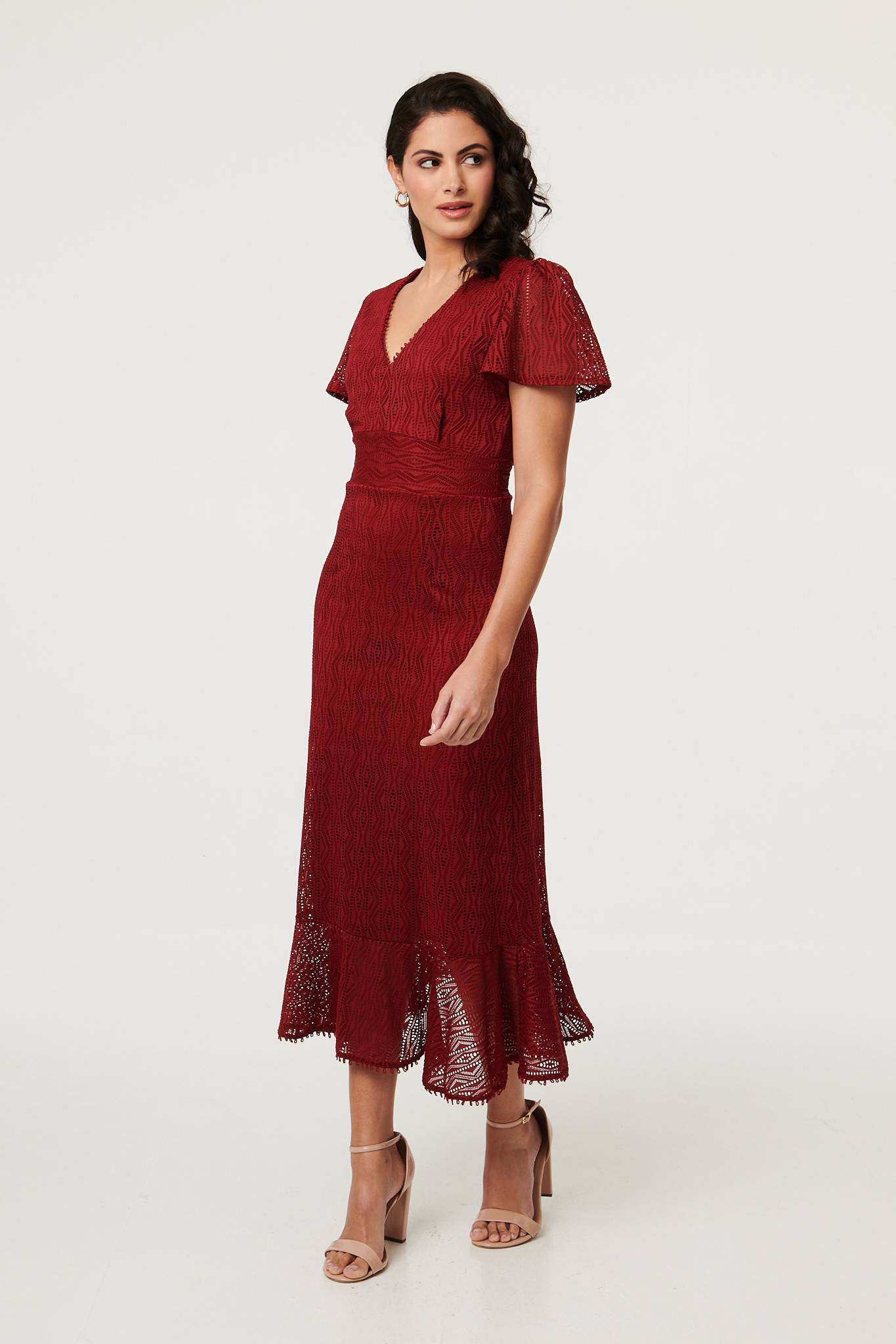 Printed Lace Texture Slim Midi Dress Detail View