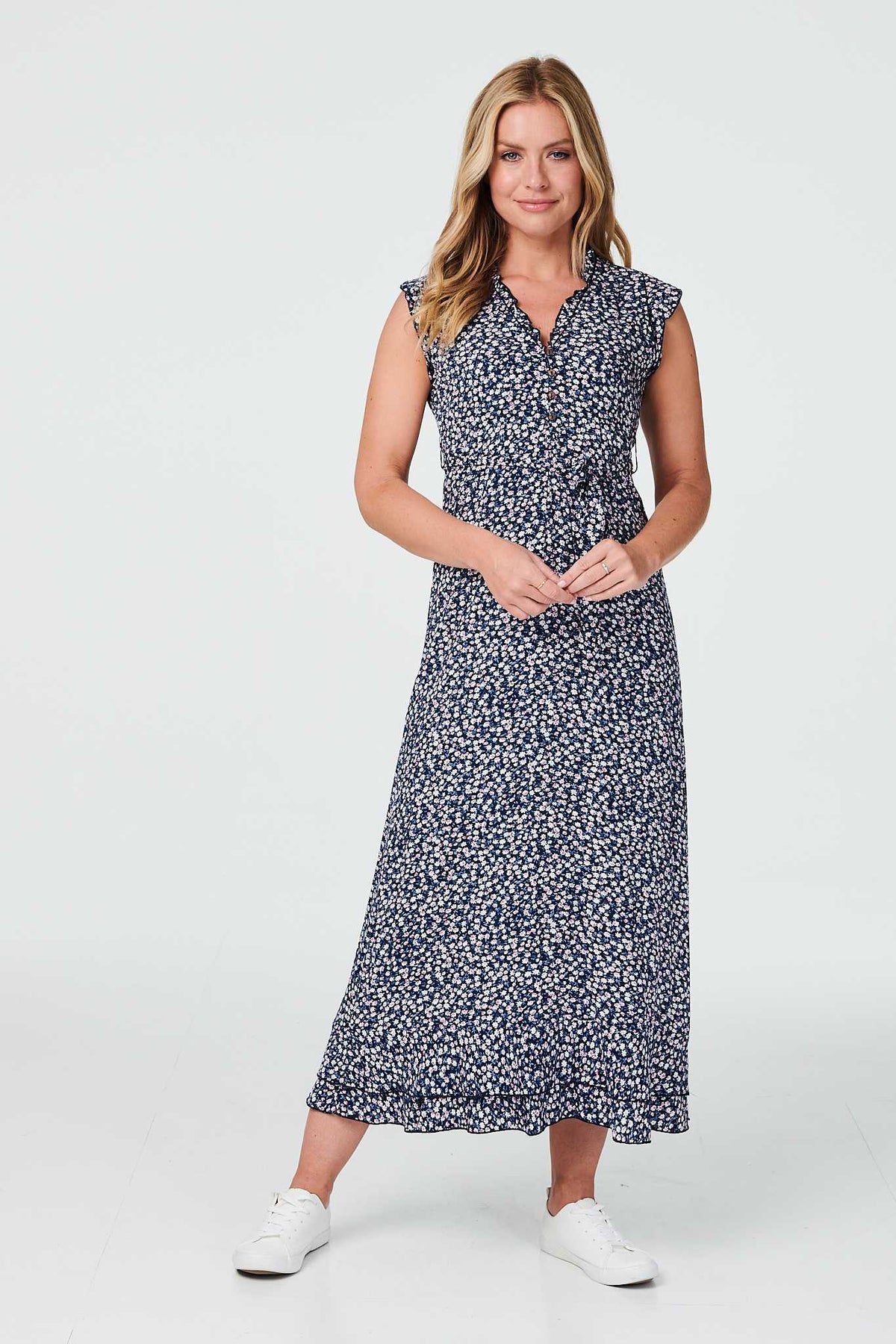 Ditsy Floral Frill Hem Maxi Dress Front View 2