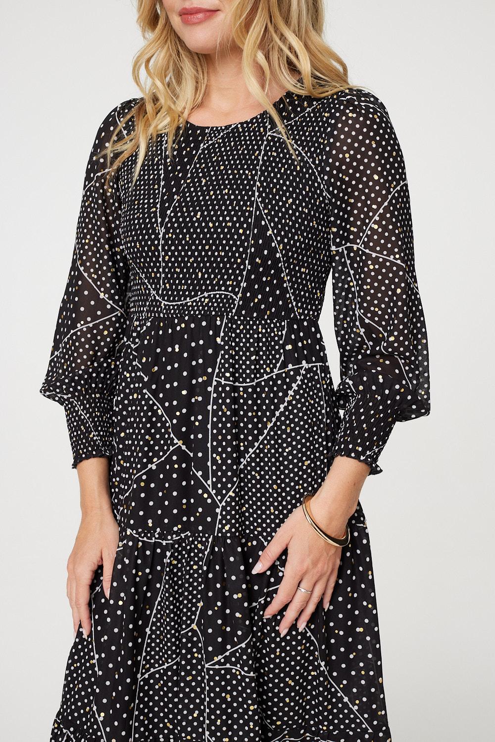 Polka Dot Print Puff Sleeve Midi Dress Full Length View
