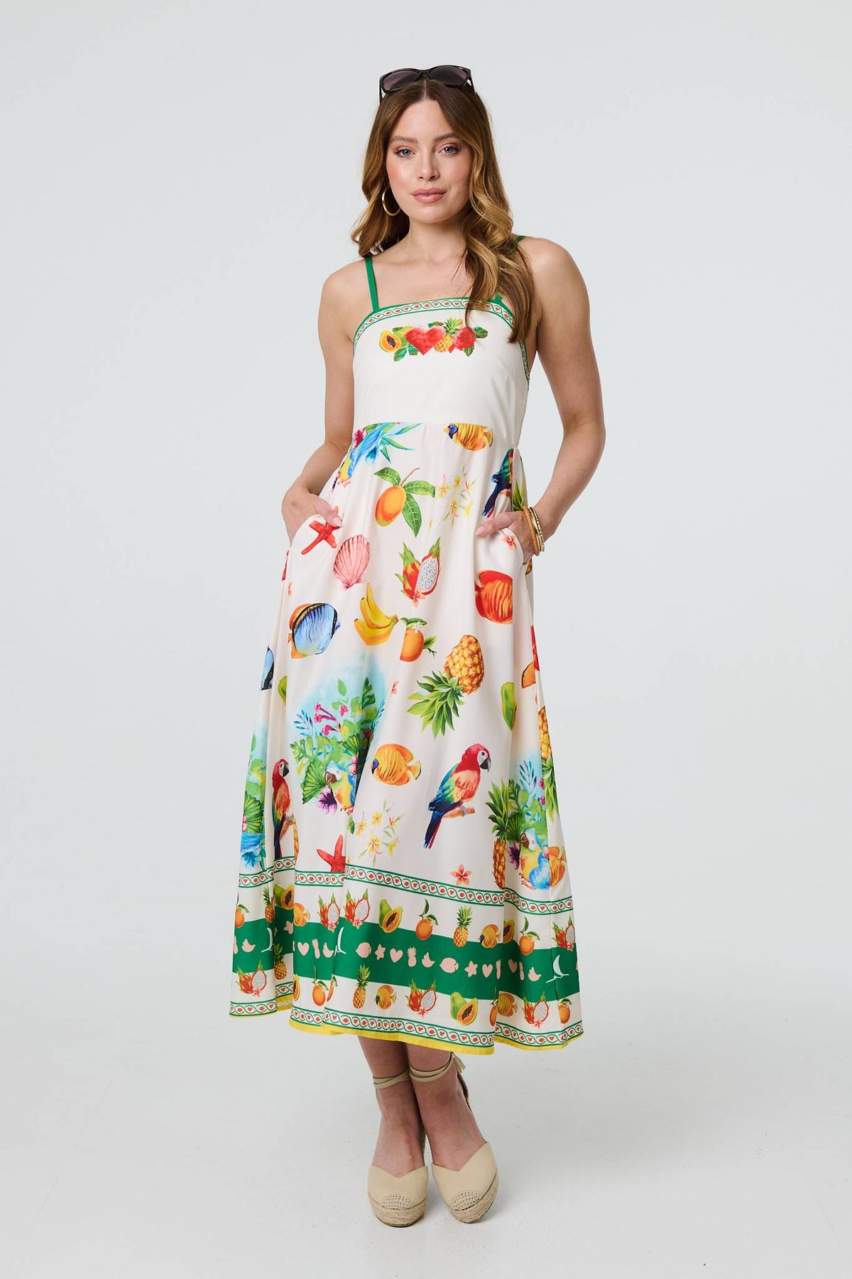 Border Print Cami Strap Midi Dress Back View