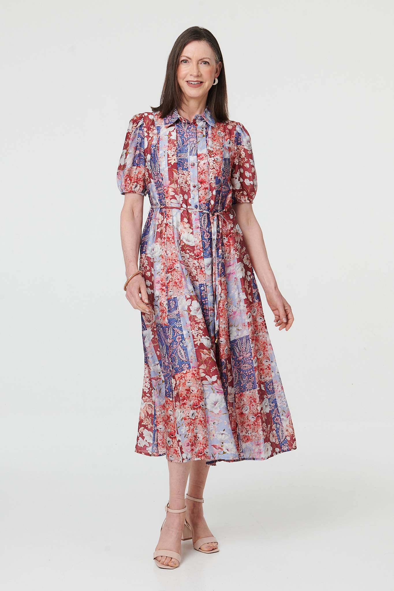 Patchwork 1/2 Puff Sleeve Midi Dress Front View