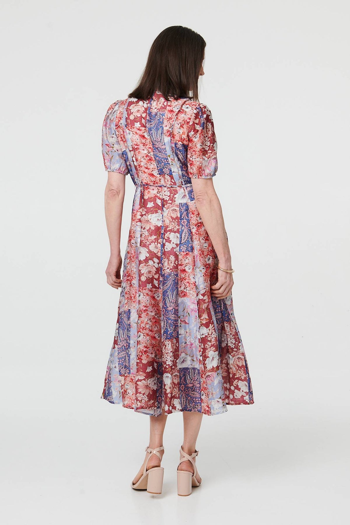 Patchwork 1/2 Puff Sleeve Midi Dress Side View