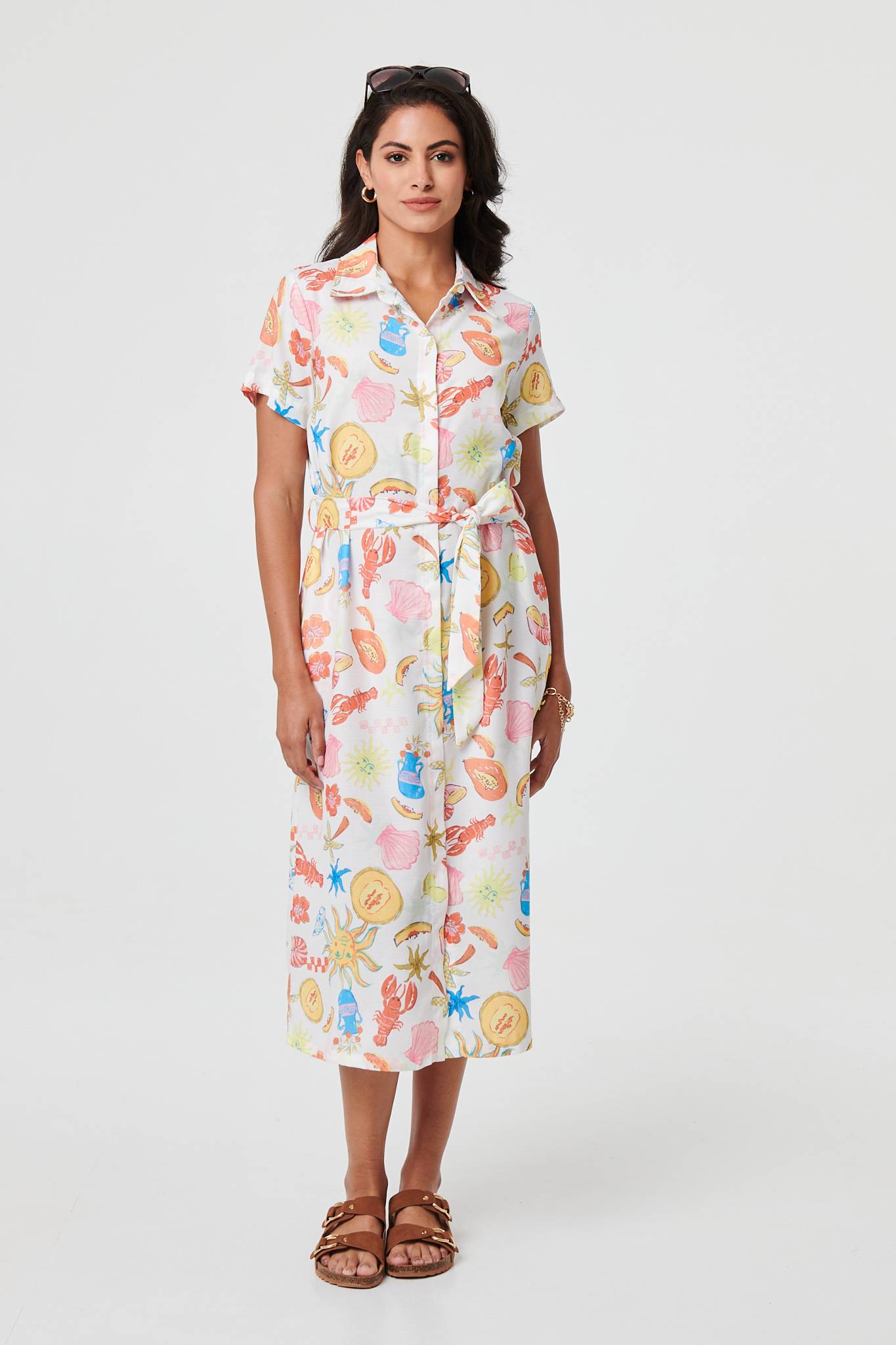 Abstract Tie Waist Midi Shirt Dress Front View 2