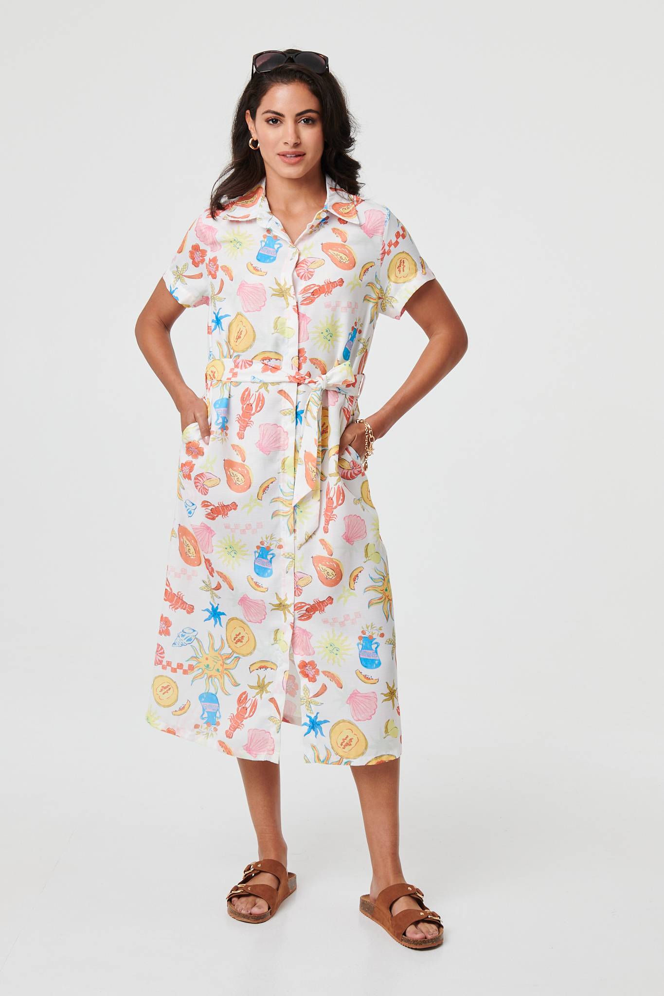 Abstract Tie Waist Midi Shirt Dress Side View