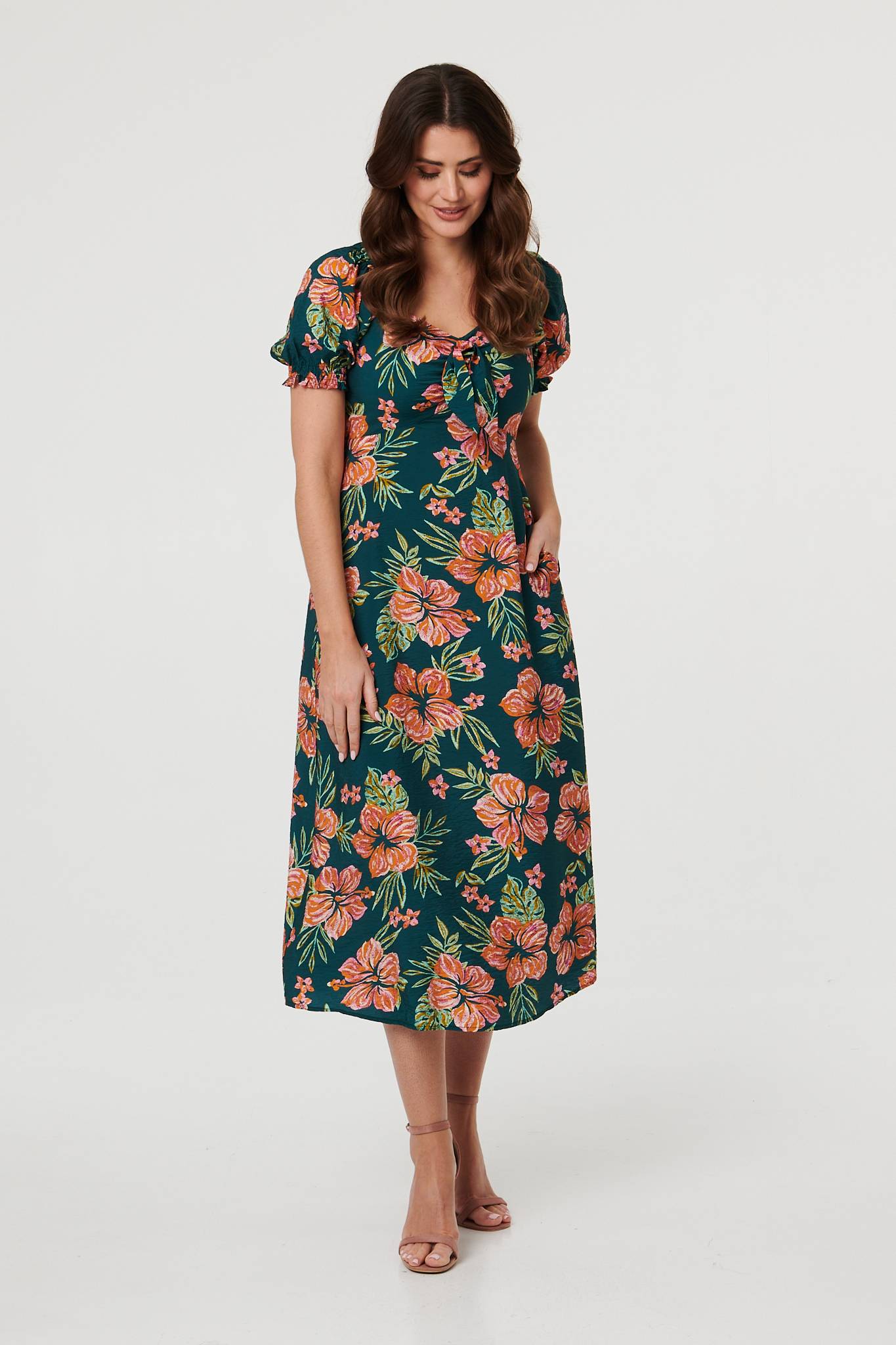 Floral Tie Short Puff Sleeve Midi Dress Detail View