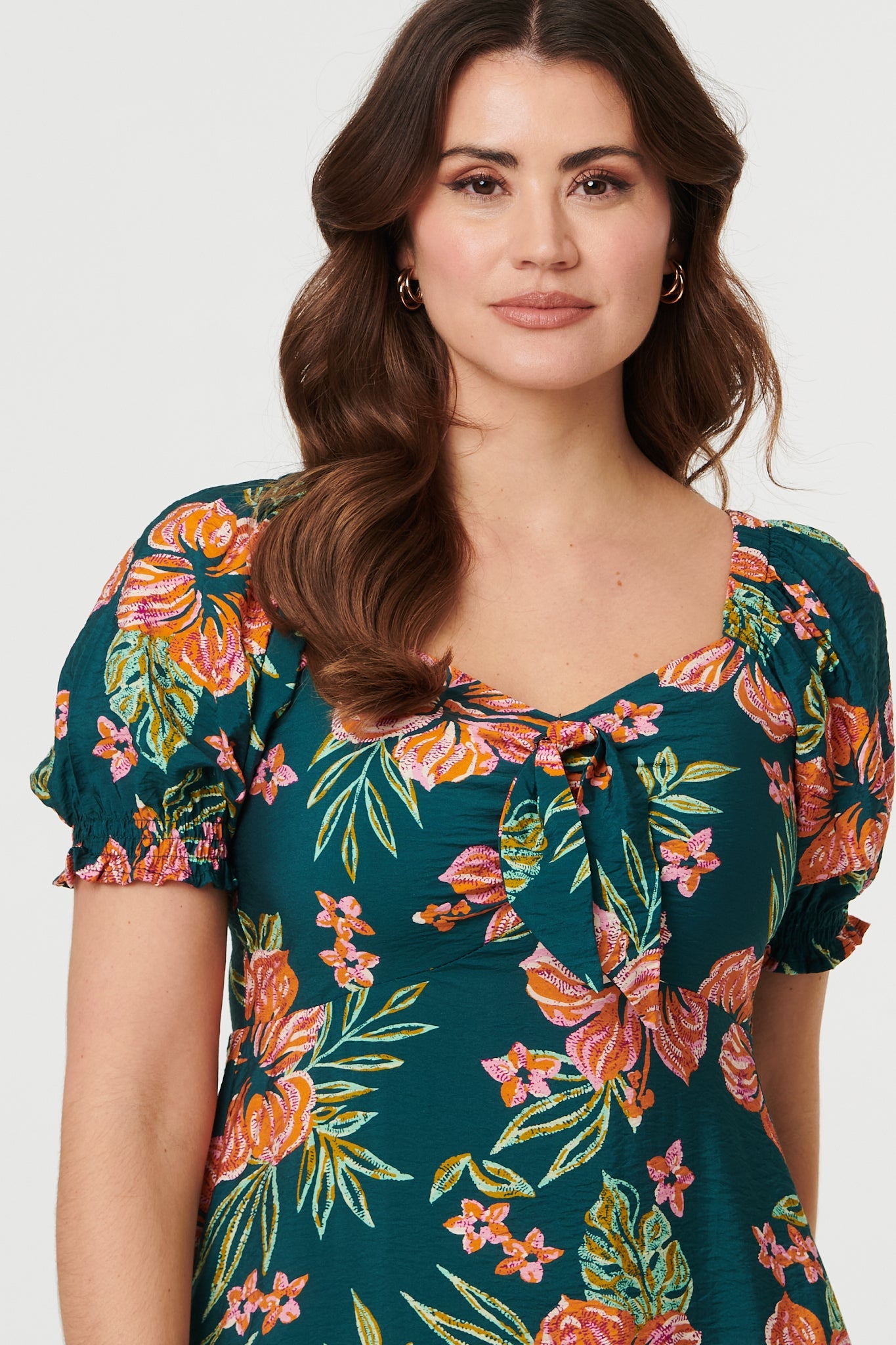 Floral Tie Short Puff Sleeve Midi Dress Front View 2