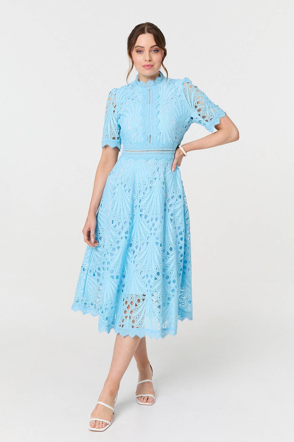 Floral Lace Cut Out Frilled Trim Midi Dress Back View 2