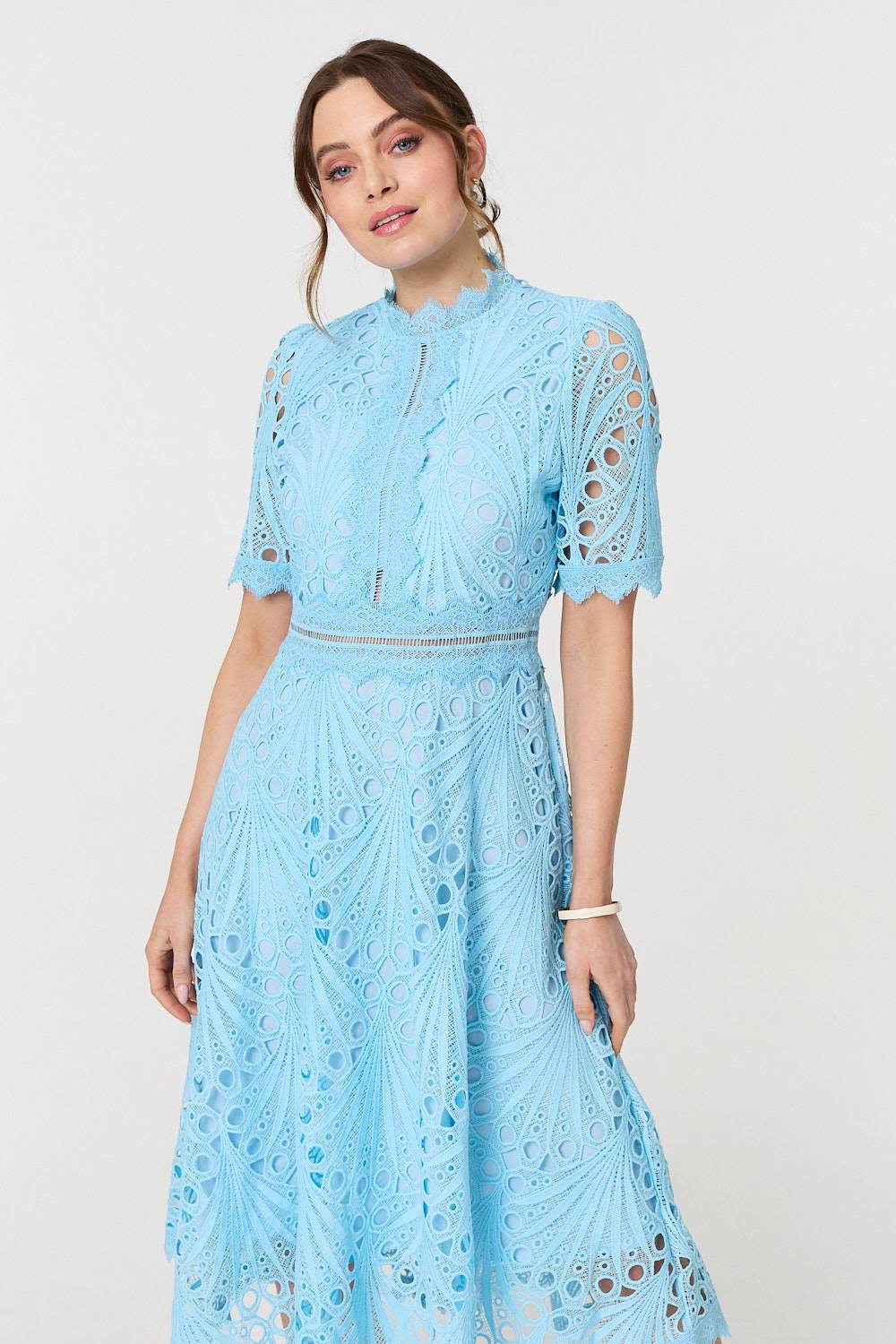 Floral Lace Cut Out Frilled Trim Midi Dress Detail View 2