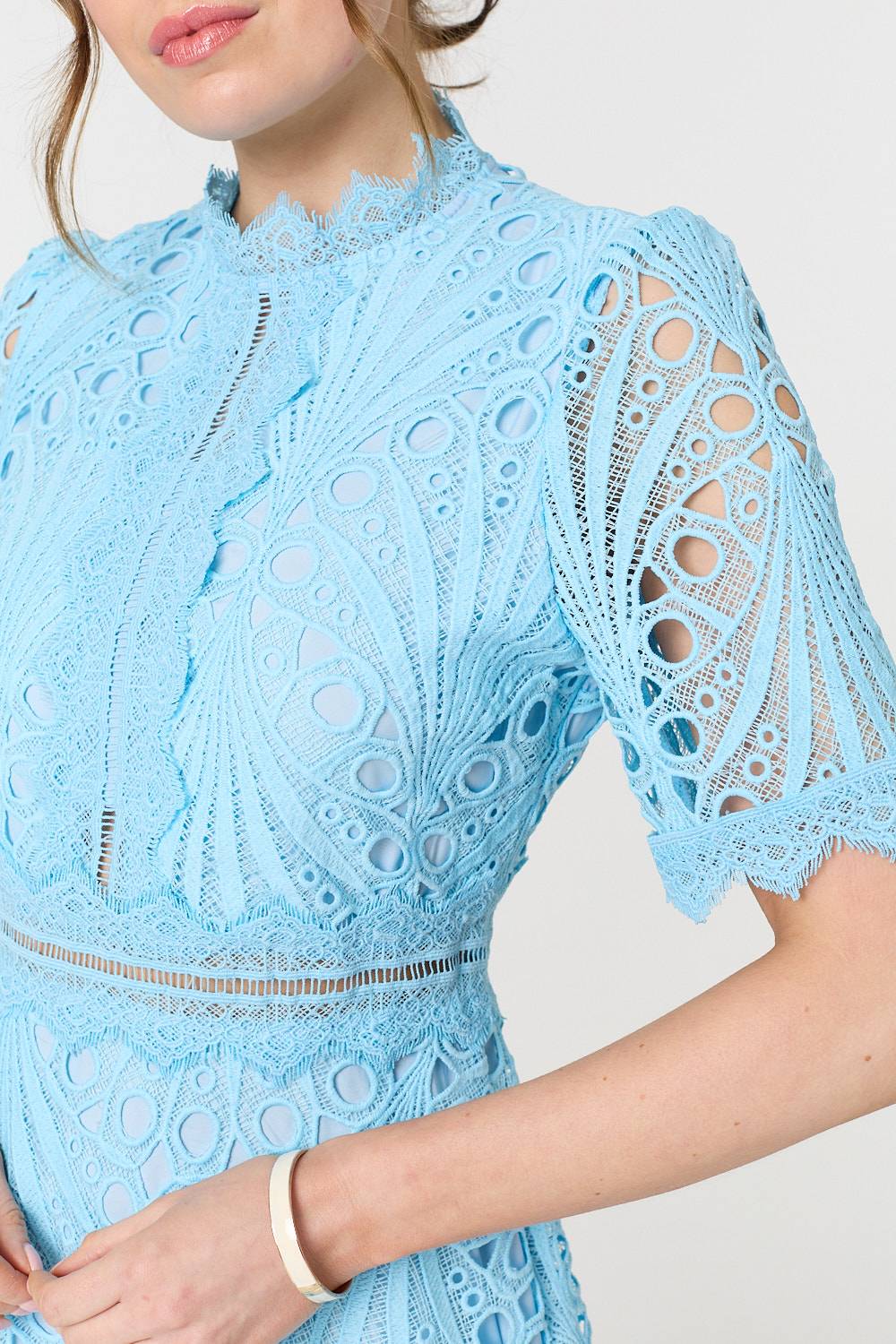 Floral Lace Cut Out Frilled Trim Midi Dress Full Length View 2