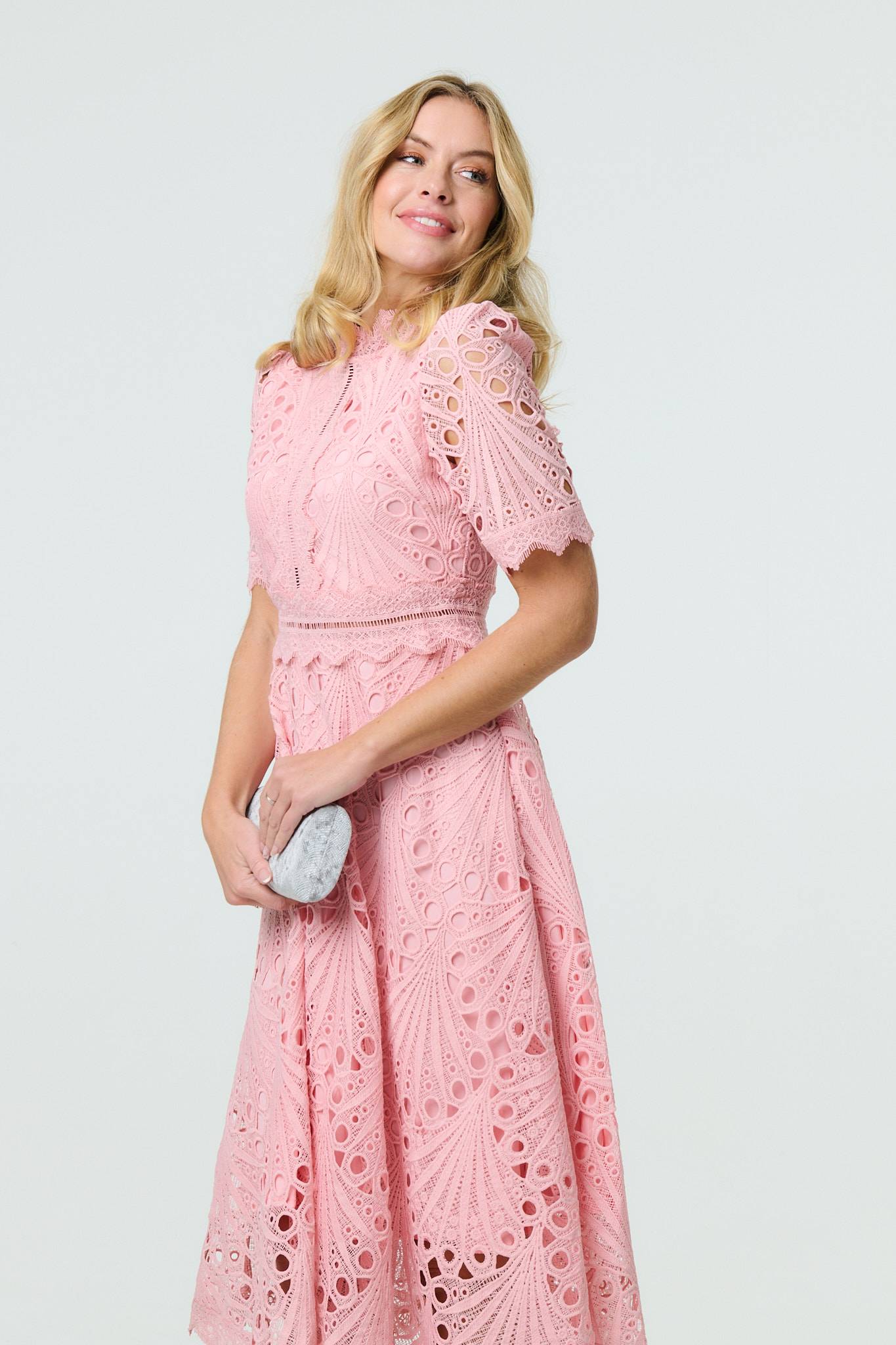 Floral Lace Cut Out Frilled Trim Midi Dress Styled View
