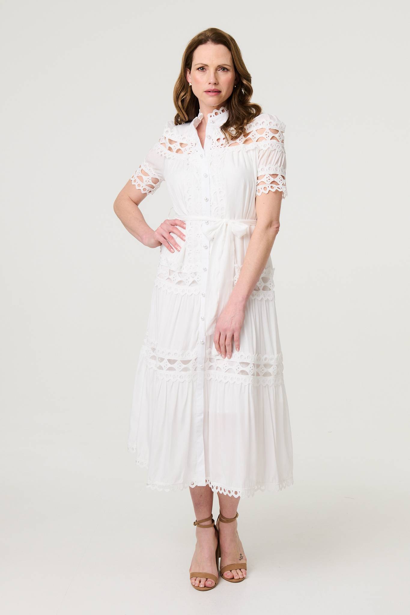 Lace Cut Out Detail Tie Waist Midi Dress Styled View 2