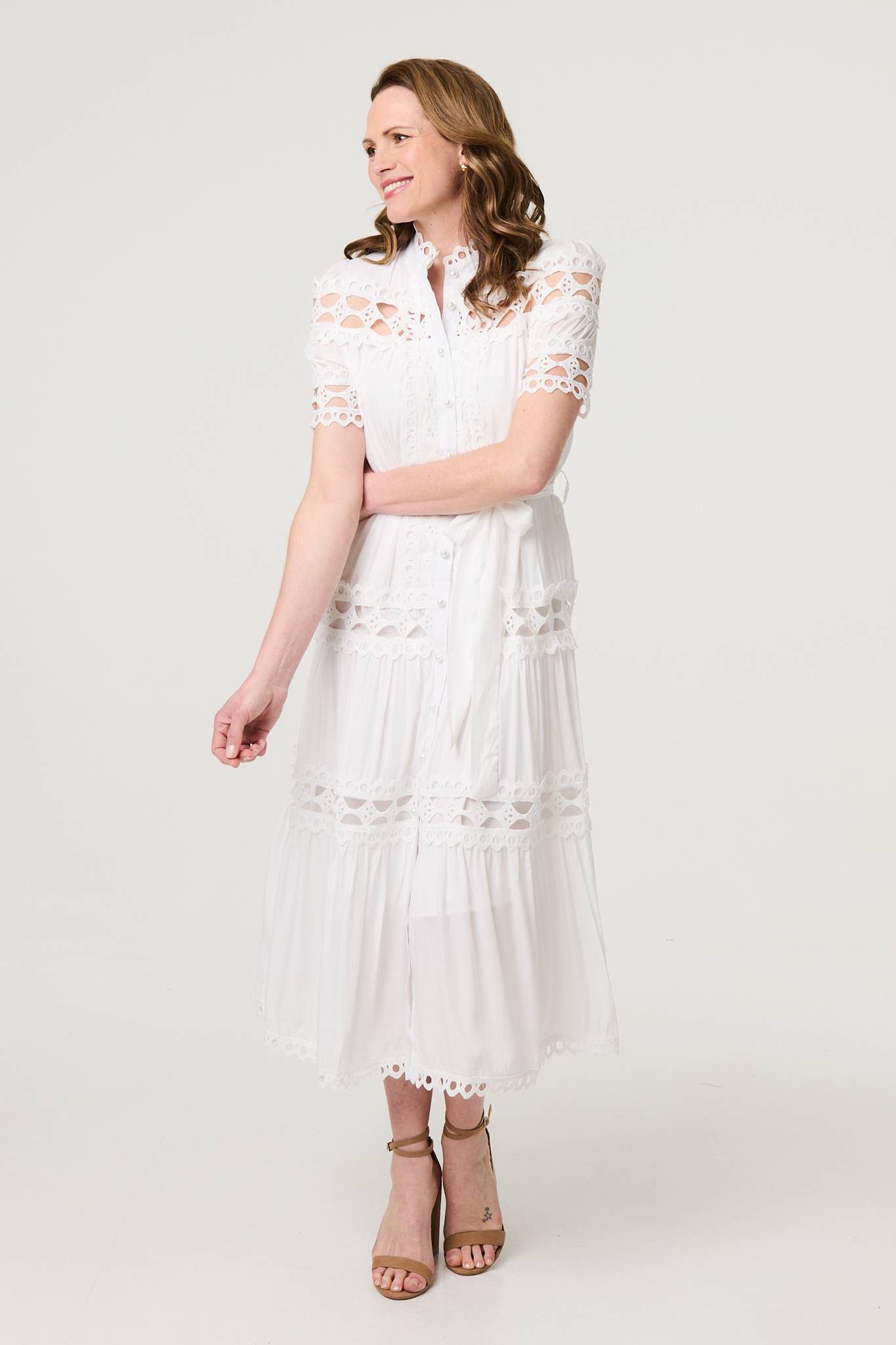 Lace Cut Out Detail Tie Waist Midi Dress Side View 3