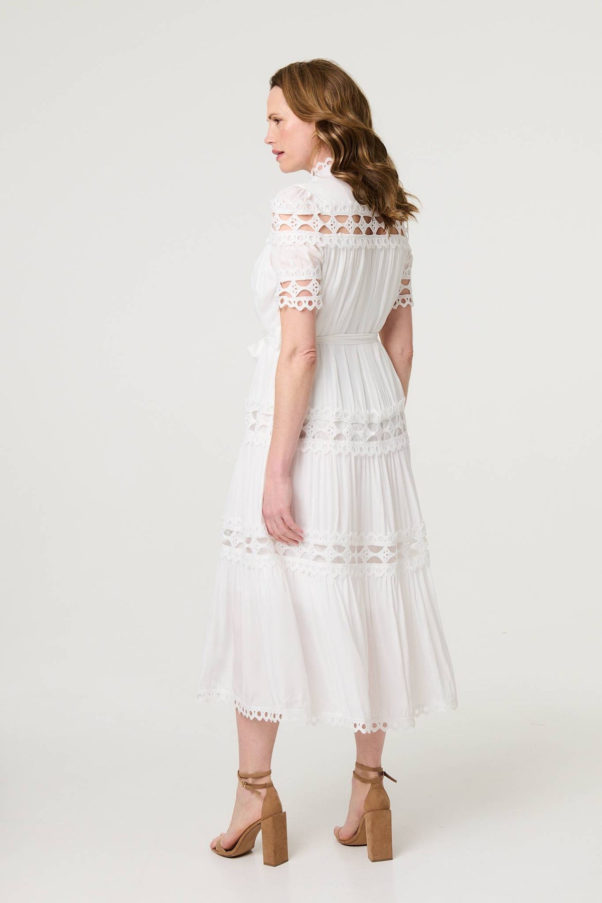 Lace Cut Out Detail Tie Waist Midi Dress Front View 3