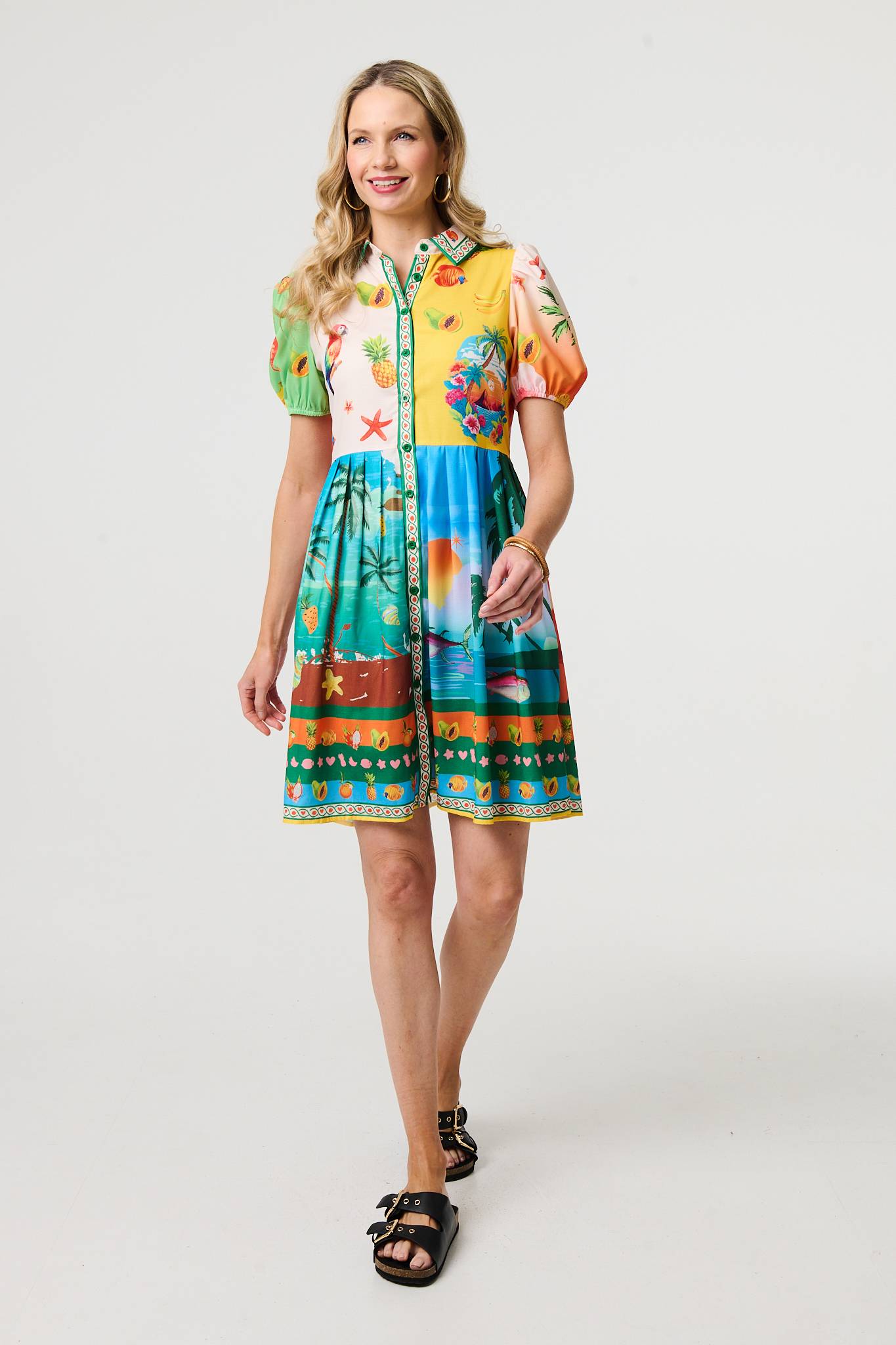 Printed Puff Sleeve Short Shirt Dress Styled View